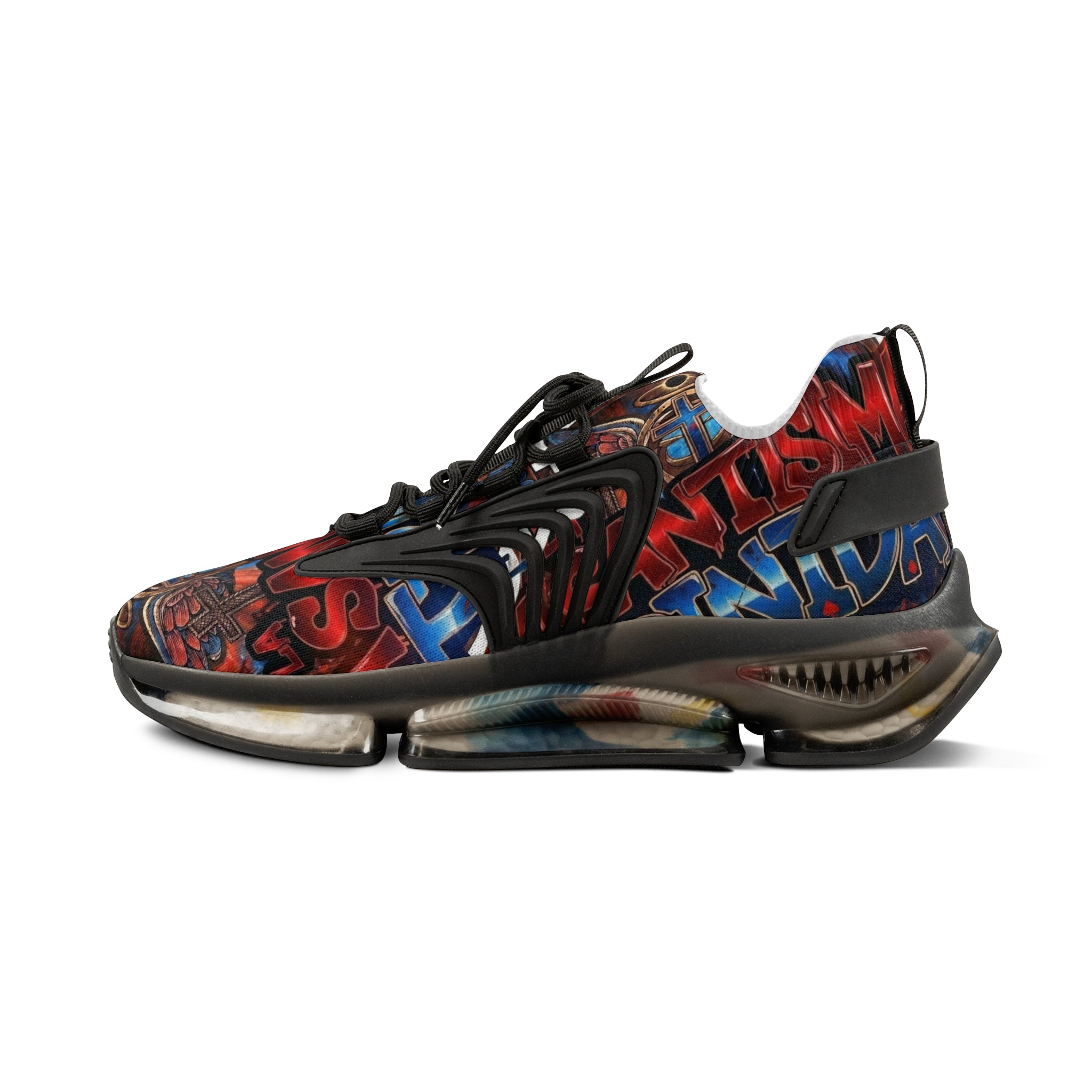 Men's Abstract Red Blue Athletic Sneakers — "La Santísima Tranidad"  Bold Pattern Mesh Running Shoes