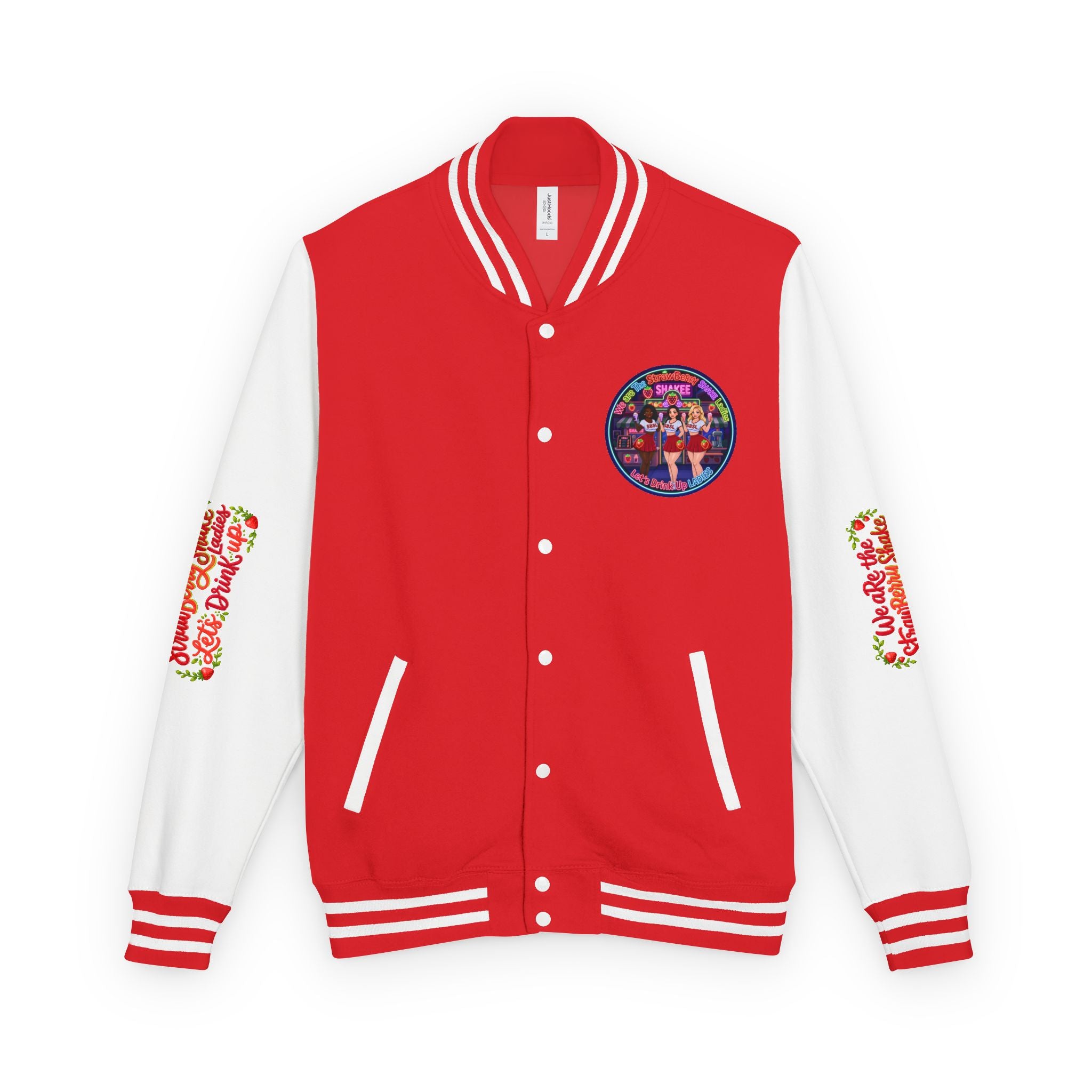 Letterman Jacket —" We Are The Strawberry Shake Ladies " Retro Shakee Cheer Graphic