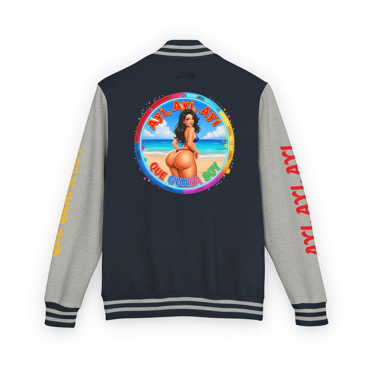 Letterman Jacket – Retro Beach Pinup Varsity Jacket with 'Ayi Ayi Ayi' Graphic