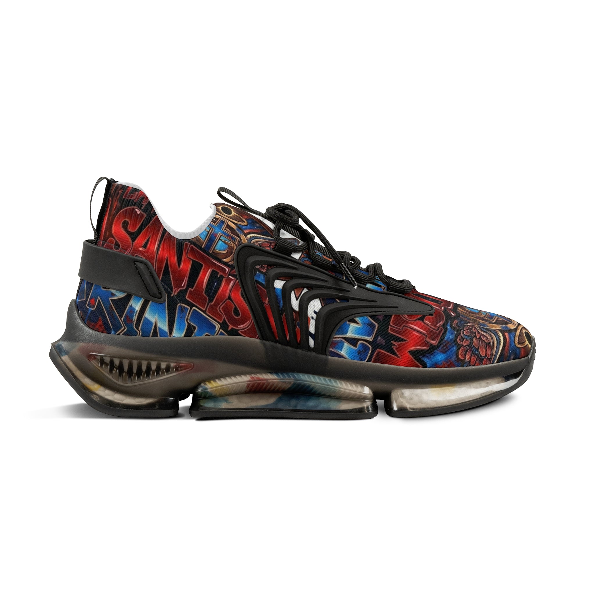 Men's Abstract Red Blue Athletic Sneakers — "La Santísima Tranidad"  Bold Pattern Mesh Running Shoes