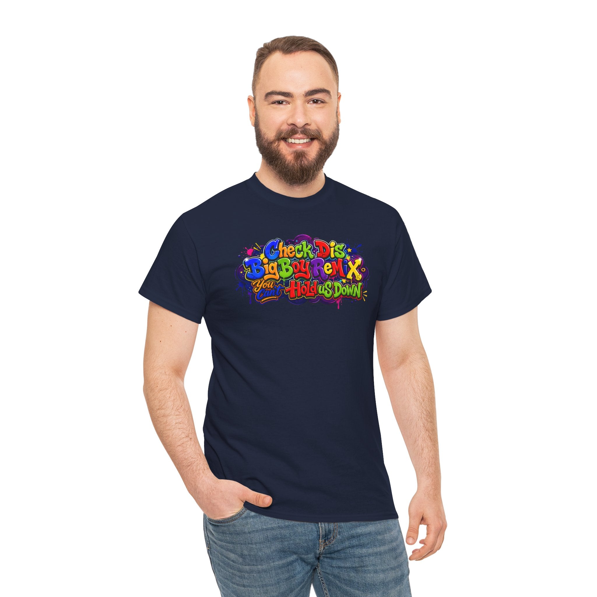 Graphic Tee — Colorful 'Check Dis Big Boy Remix' Retro Street Art T-Shirt
