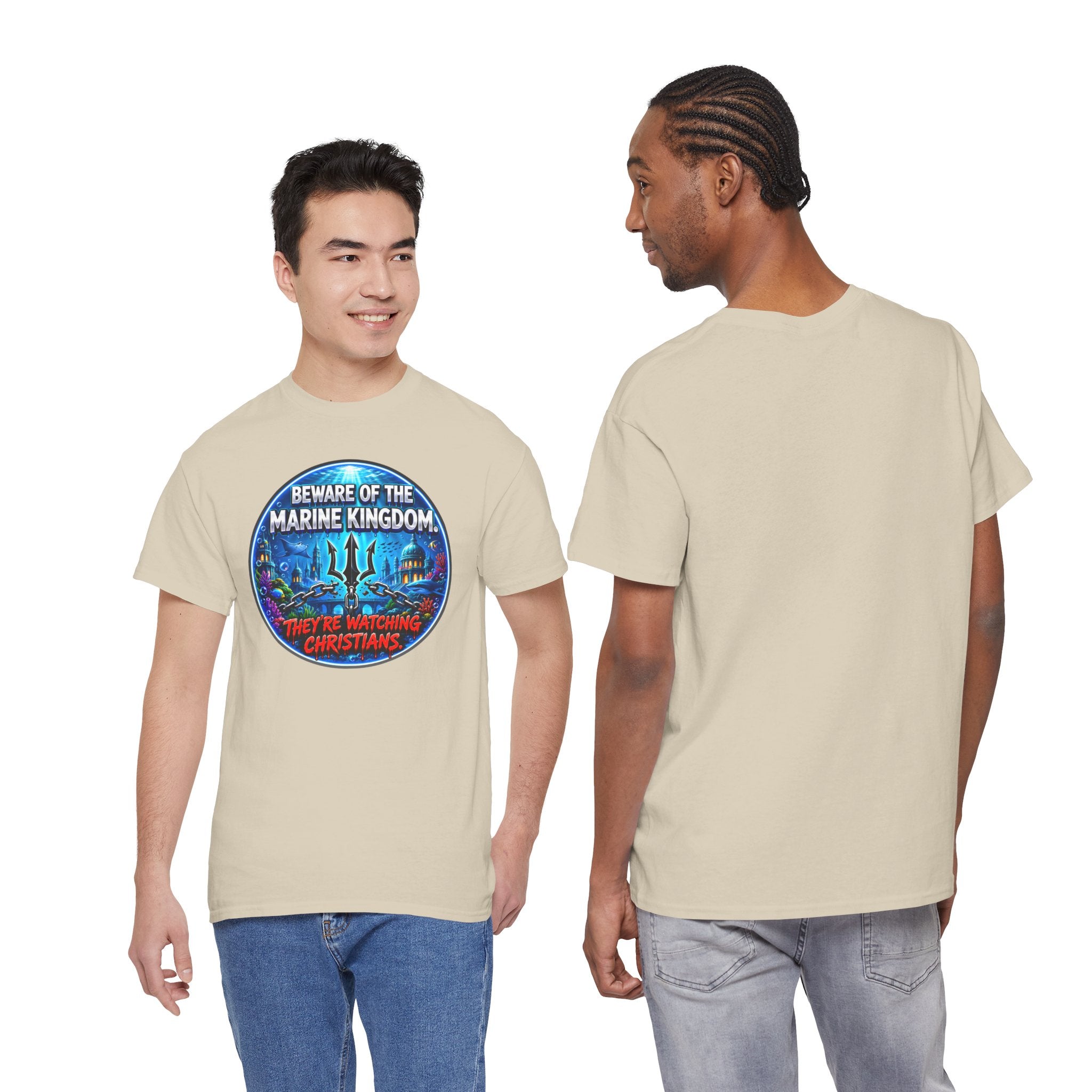 T‑Shirt — "Beware of the Marine Kingdom: They're Watching Christians" Vintage Ocean Graphic