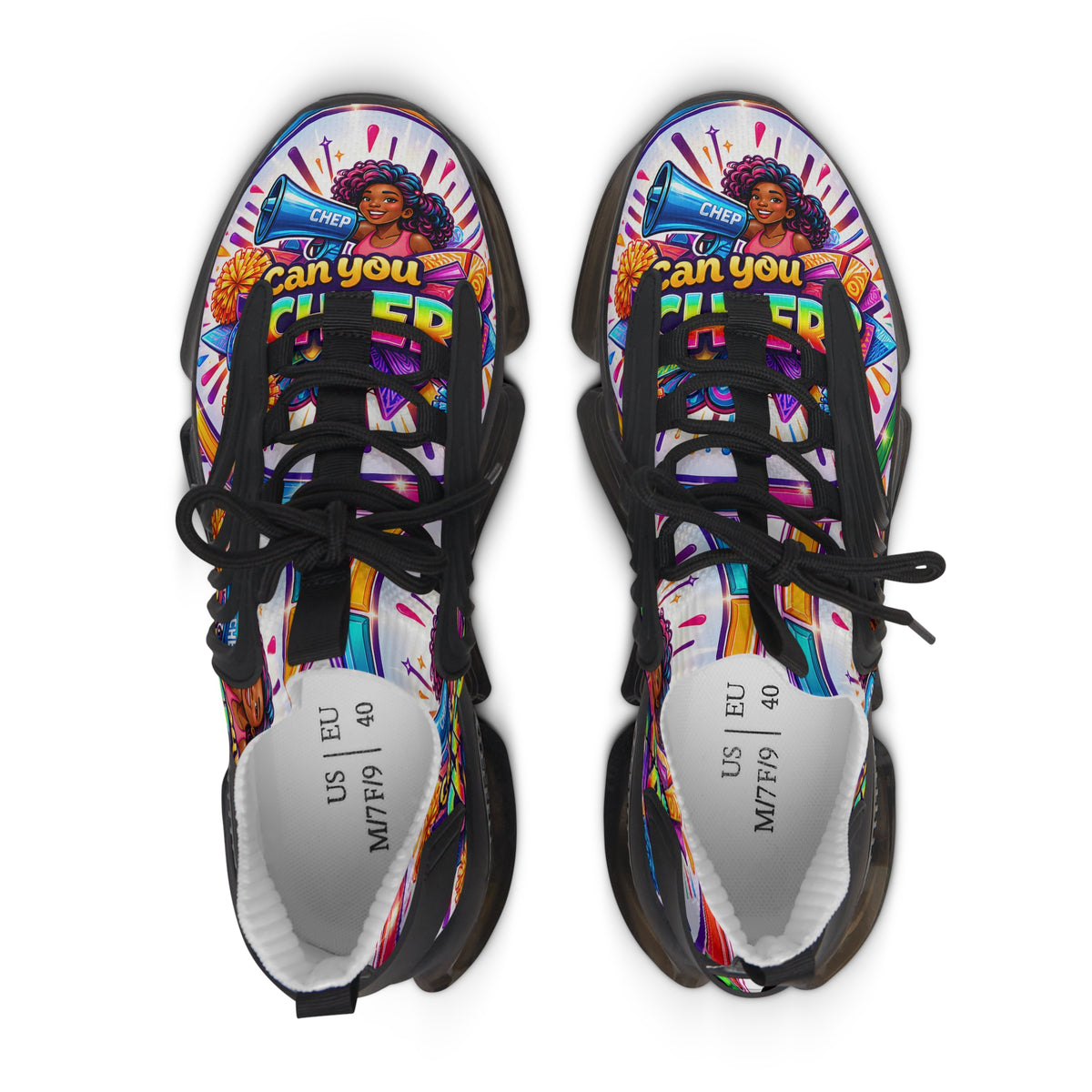 Women's Cheerleader Graphic Mesh Sneakers — "Can You Cheer?" Colorful Athletic Shoes