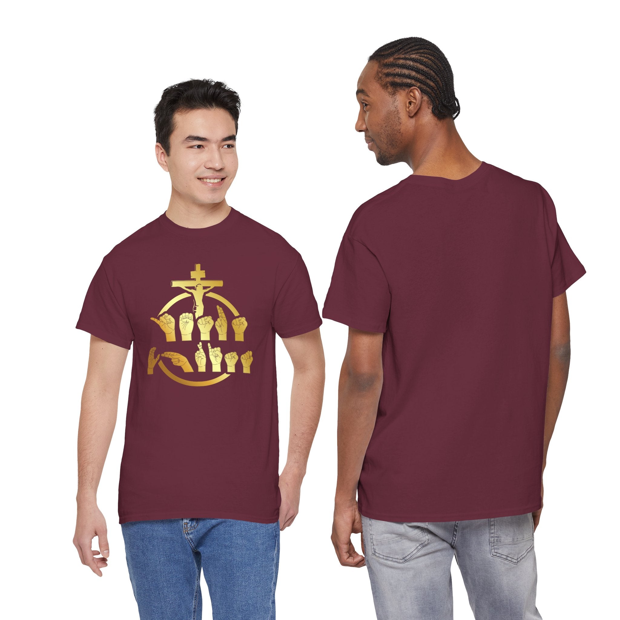 Christian Cross & Praying Hands T-Shirt — Gold Faith Design