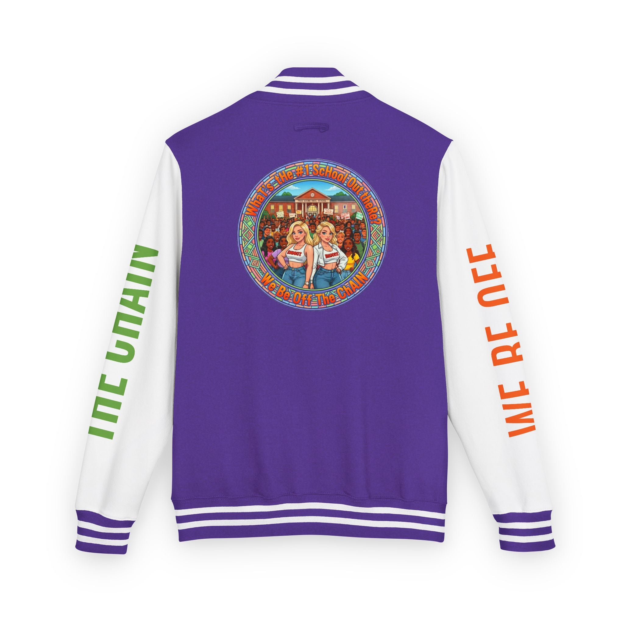 Retro Colorblock Letterman Jacket — 'We Be Off The Chain' Sleeve Print