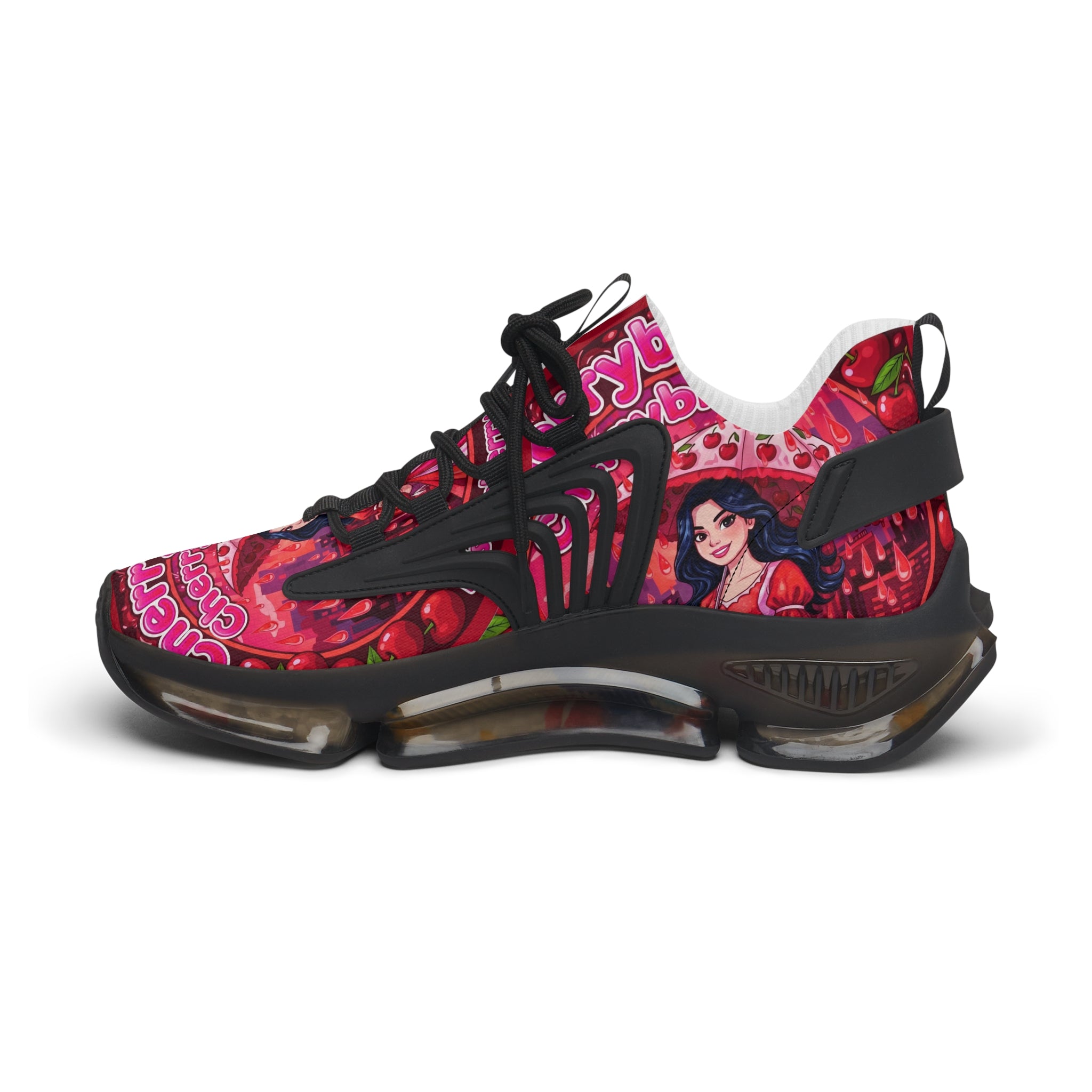 Women's Pink Retro Graphic Mesh Sneakers — 'CherryBella" Pattern