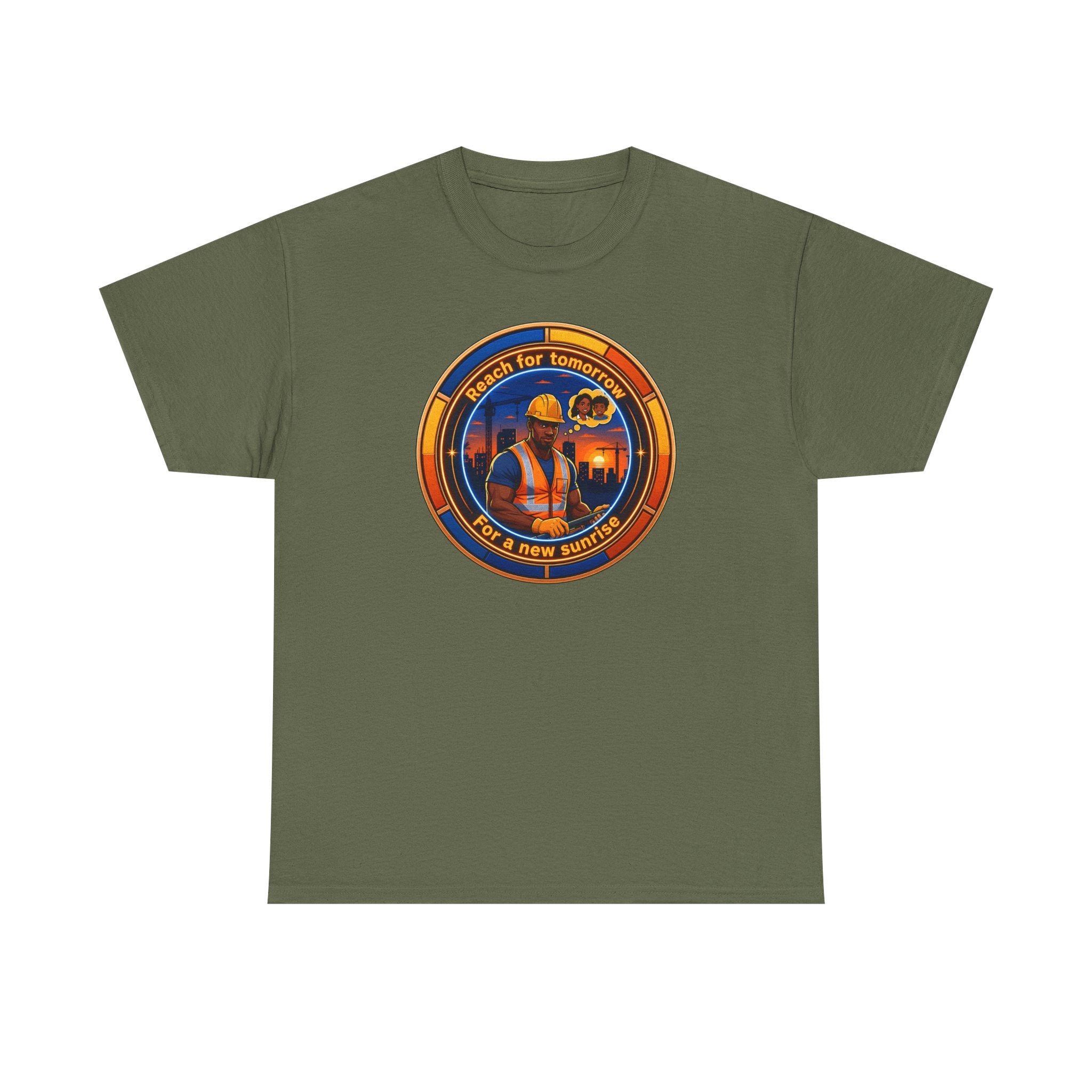 Construction Worker Sunset Tee — “Reach for Tomorrow ” Safety Crew T-Shirt
