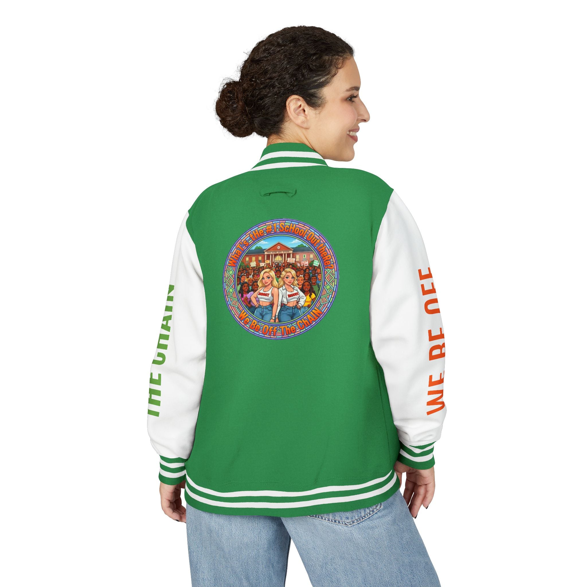 Retro Colorblock Letterman Jacket — 'We Be Off The Chain' Sleeve Print