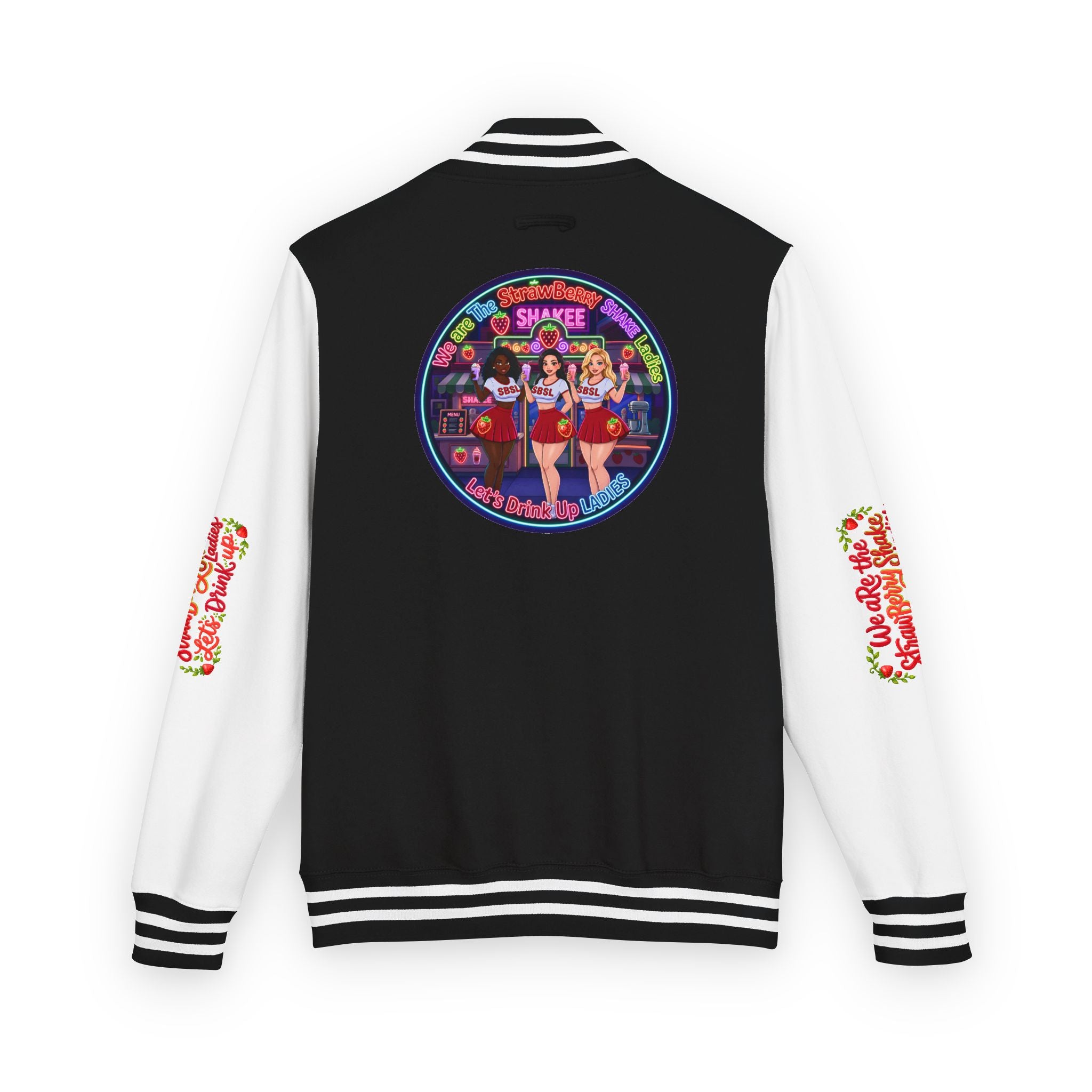 Letterman Jacket —" We Are The Strawberry Shake Ladies " Retro Shakee Cheer Graphic