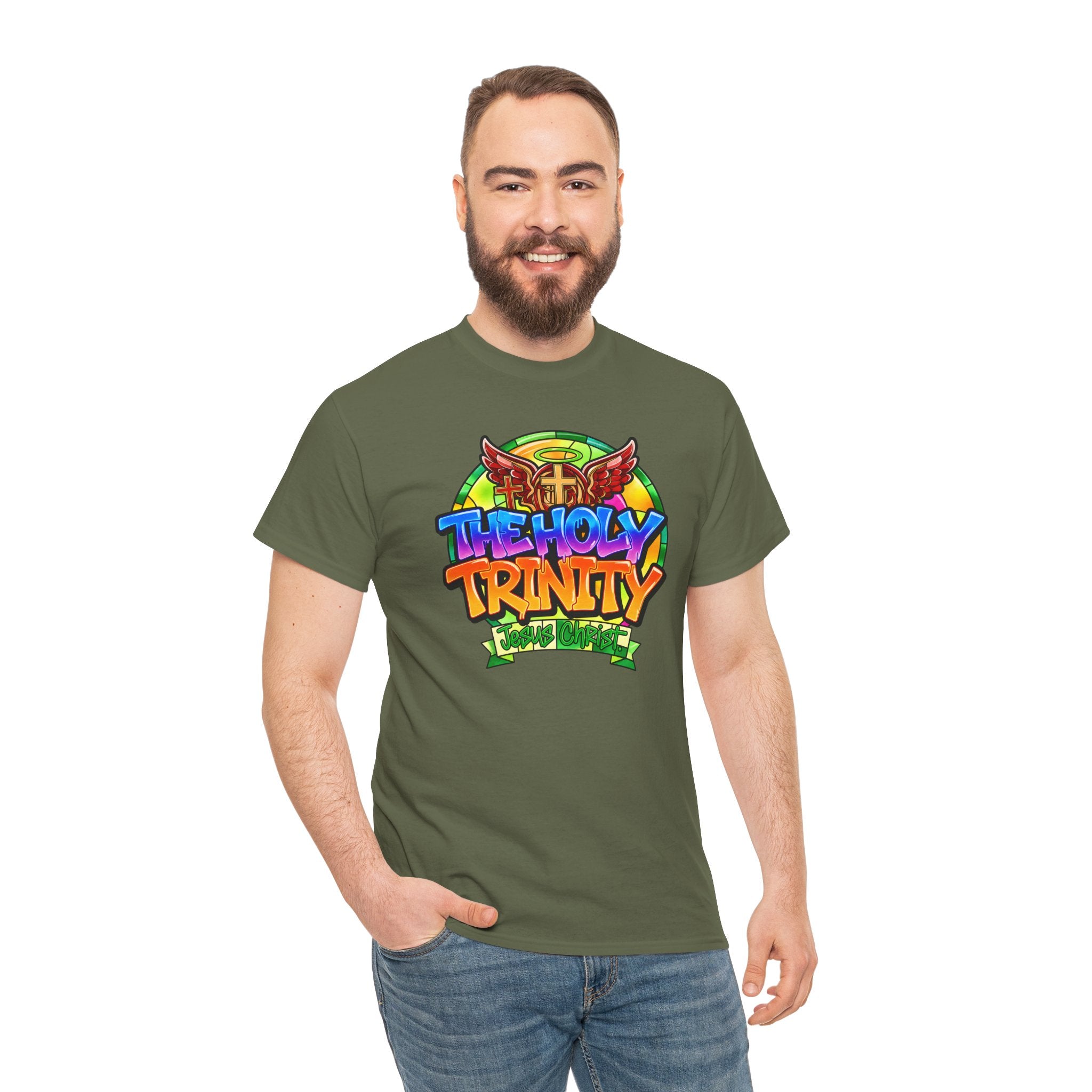 Holy Trinity Graphic Tee — Colorful Faith-Inspired Streetwear T-Shirt