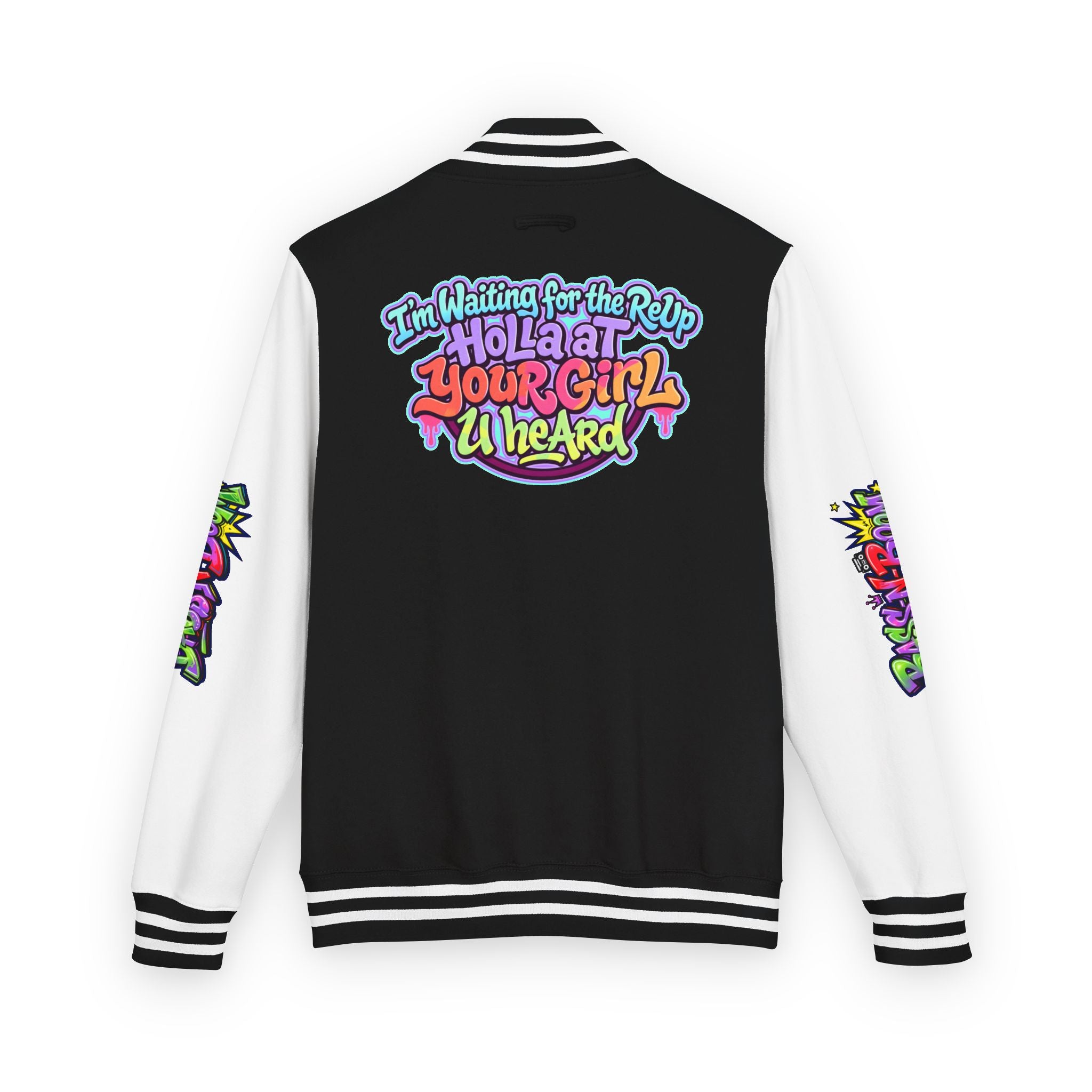 Letterman Jacket — "I'm Waiting For The Reup" Colorful Retro Hip‑Hop Varsity