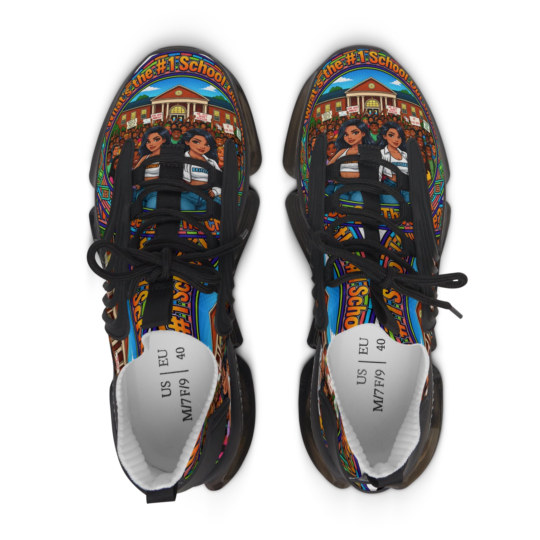 Mesh Sneakers — " What's The #1 School Out There " Colorful Retro School Girl Graphic Athletic Shoes