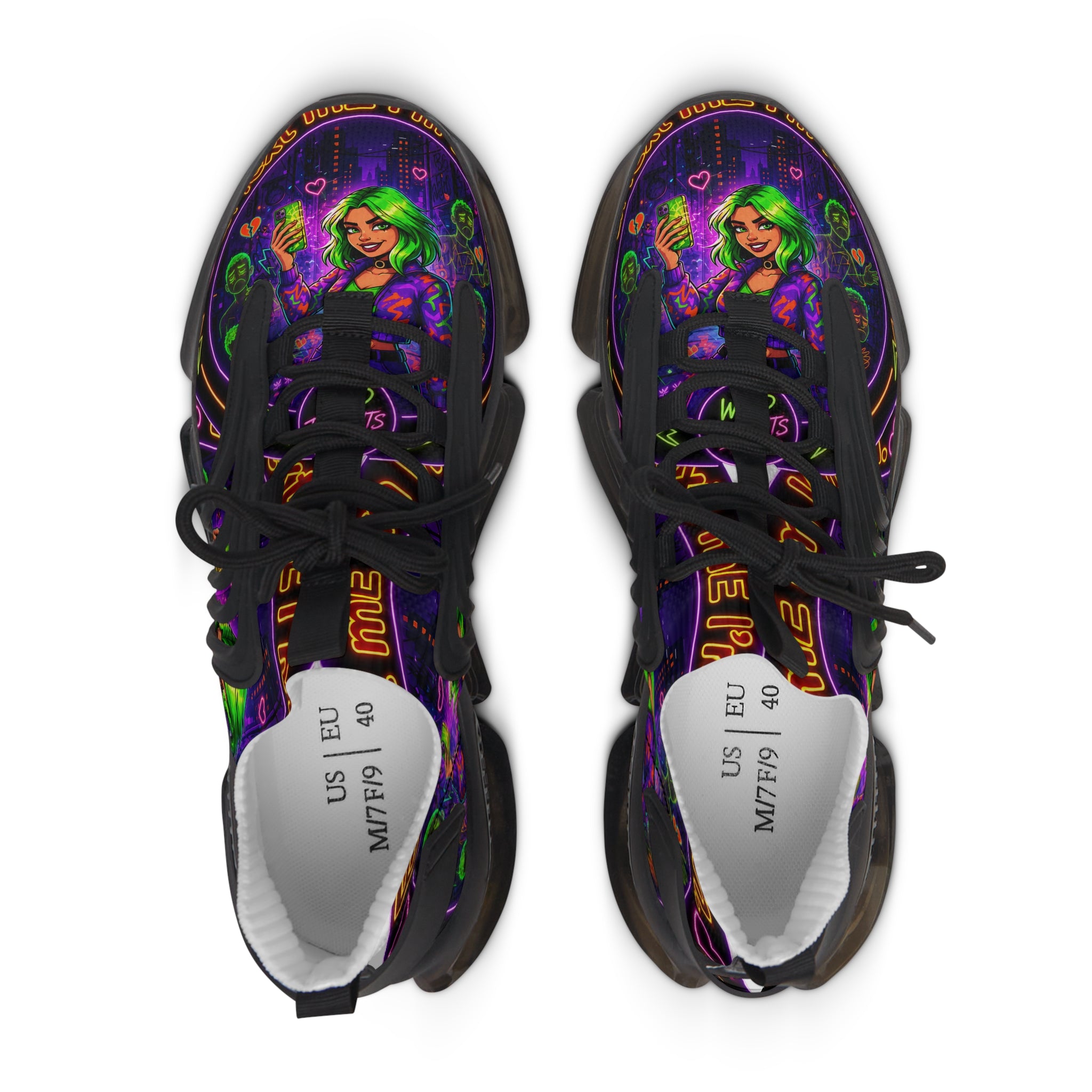 Mesh Sneakers — Neon Green Witch Graphic Athletic Shoes