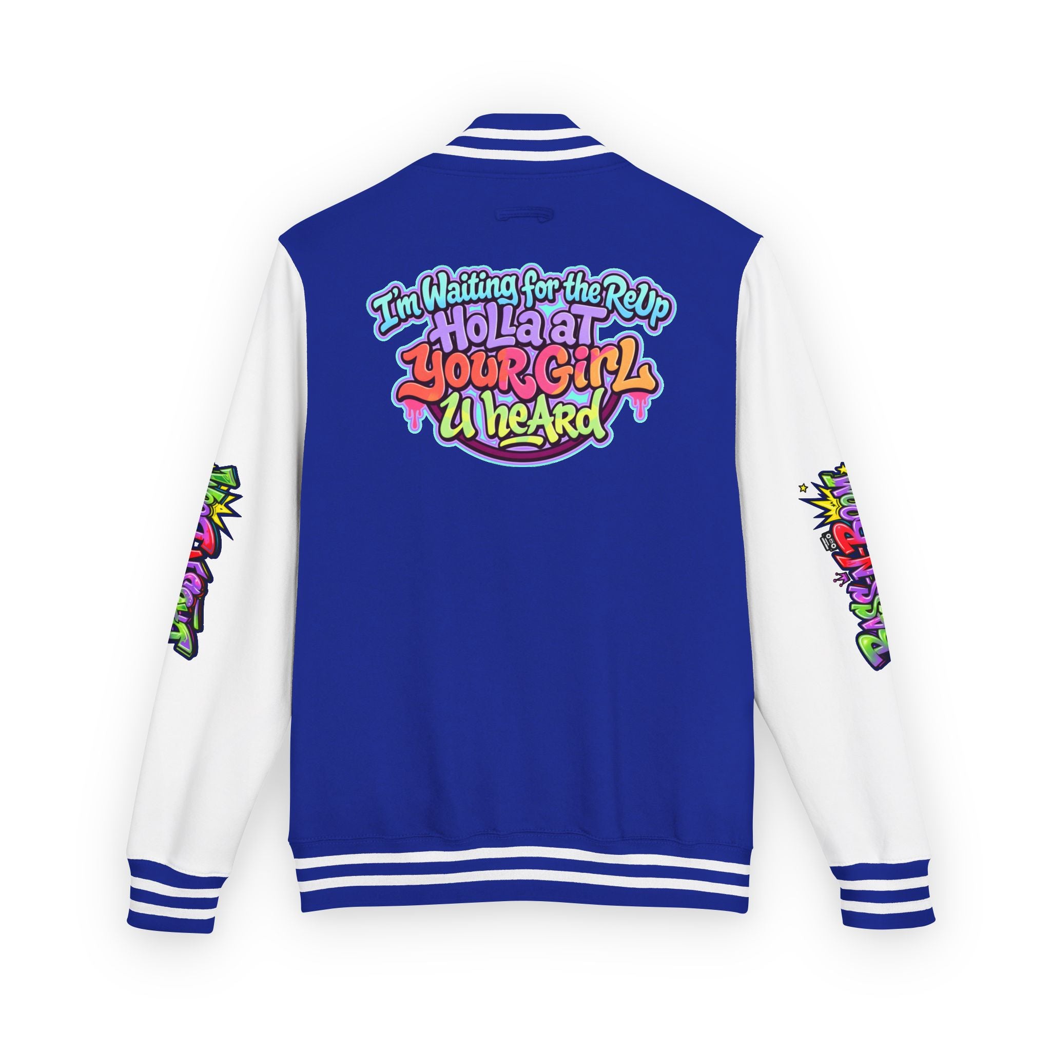 Letterman Jacket — "I'm Waiting For The Reup" Colorful Retro Hip‑Hop Varsity