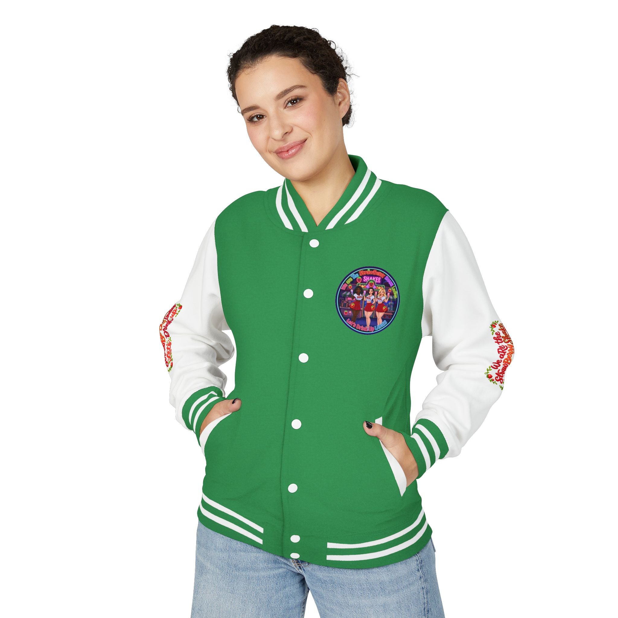 Letterman Jacket —" We Are The Strawberry Shake Ladies " Retro Shakee Cheer Graphic