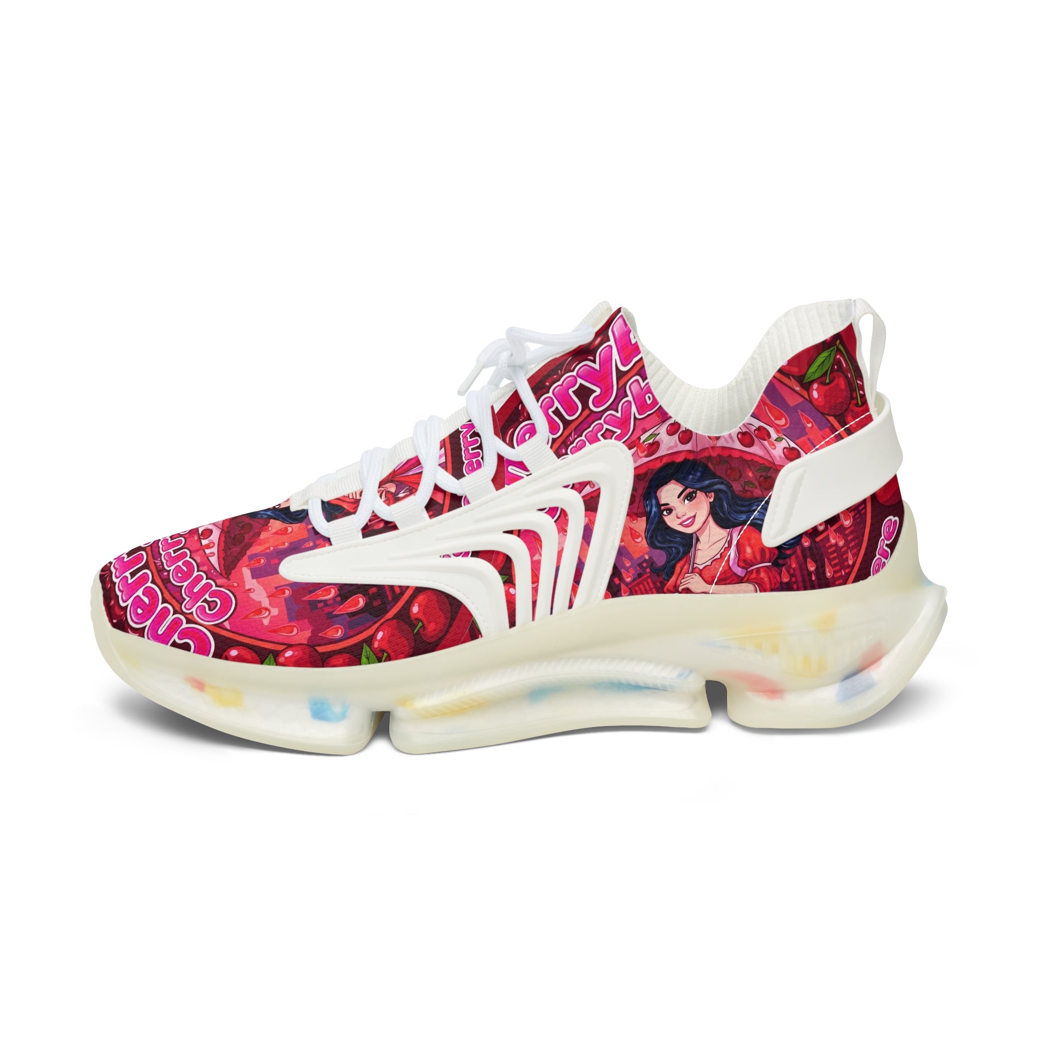 Women's Pink Retro Graphic Mesh Sneakers — 'CherryBella" Pattern