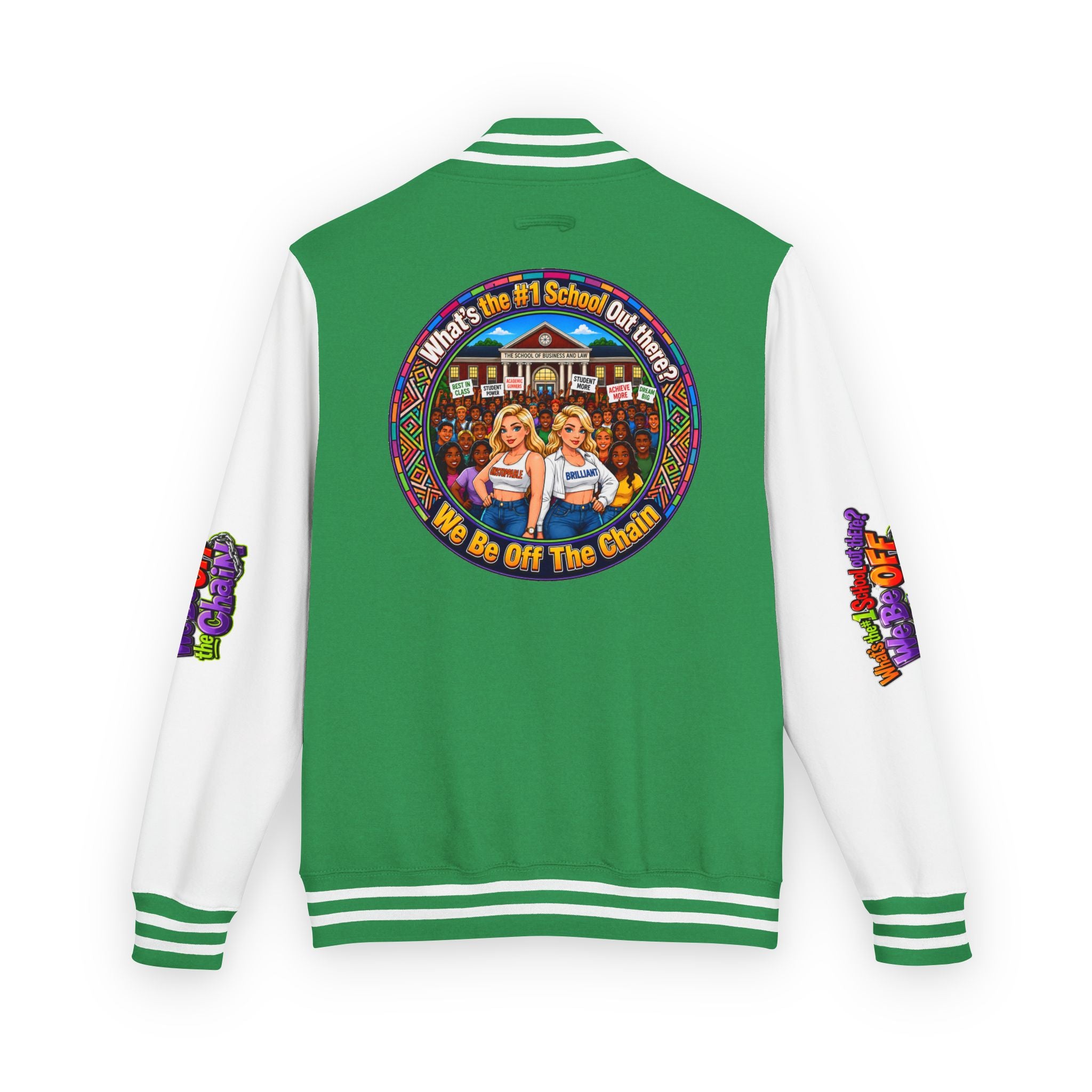 Letterman Jacket — Colorful School Spirit "We Be Off The Chain" Varsity Jacket