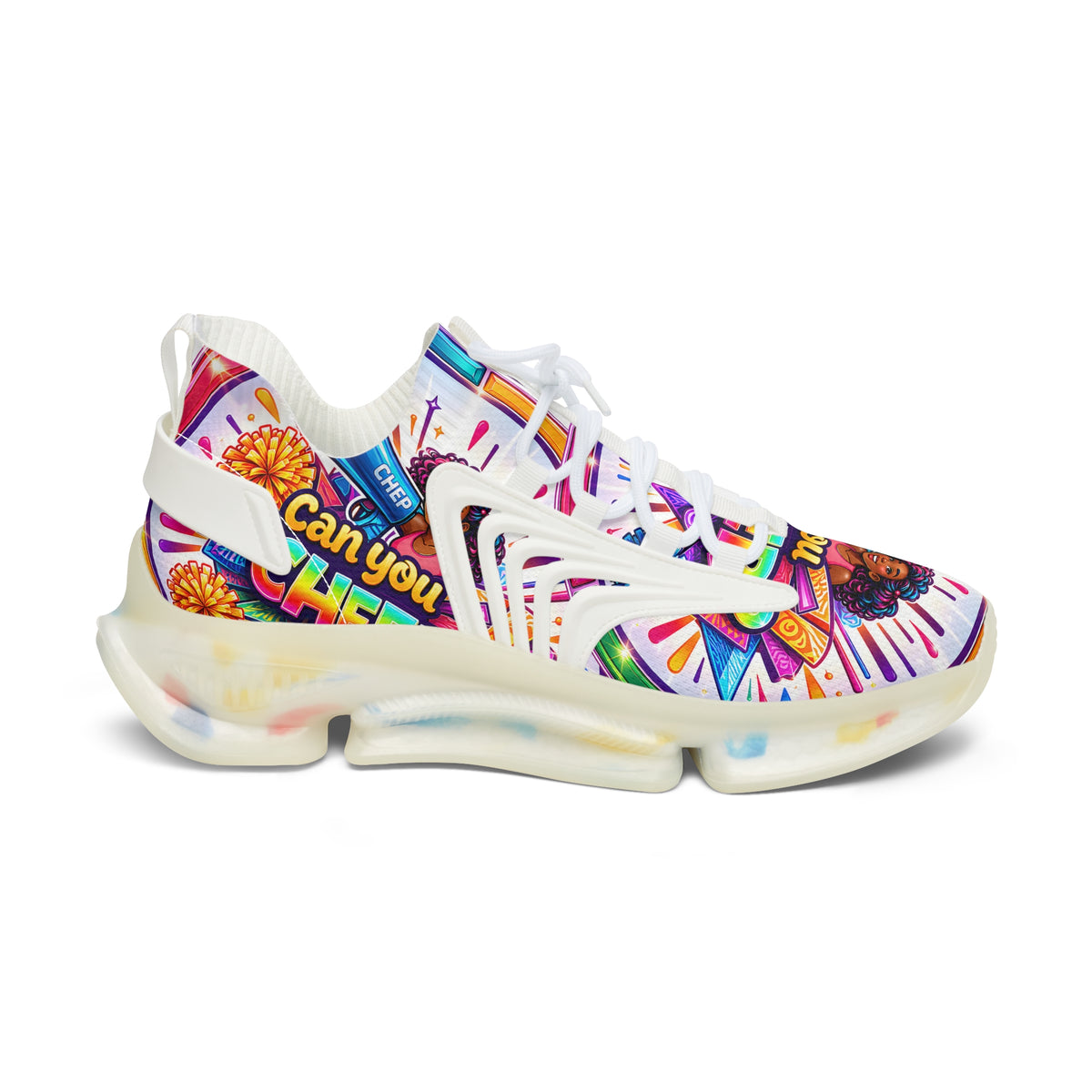 Women's Cheerleader Graphic Mesh Sneakers — "Can You Cheer?" Colorful Athletic Shoes