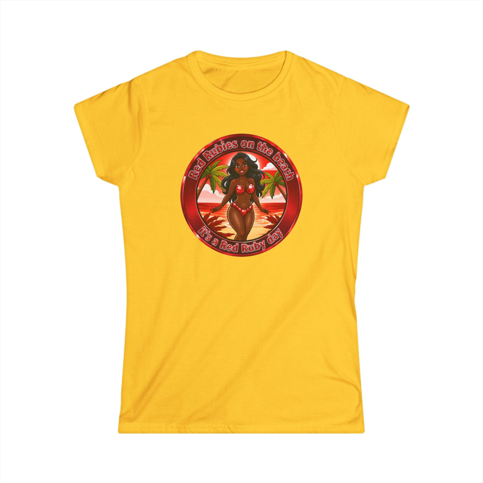 Tropical Pinup Tee — "Red Rubies On The Beach" Vintage Bikini Graphic