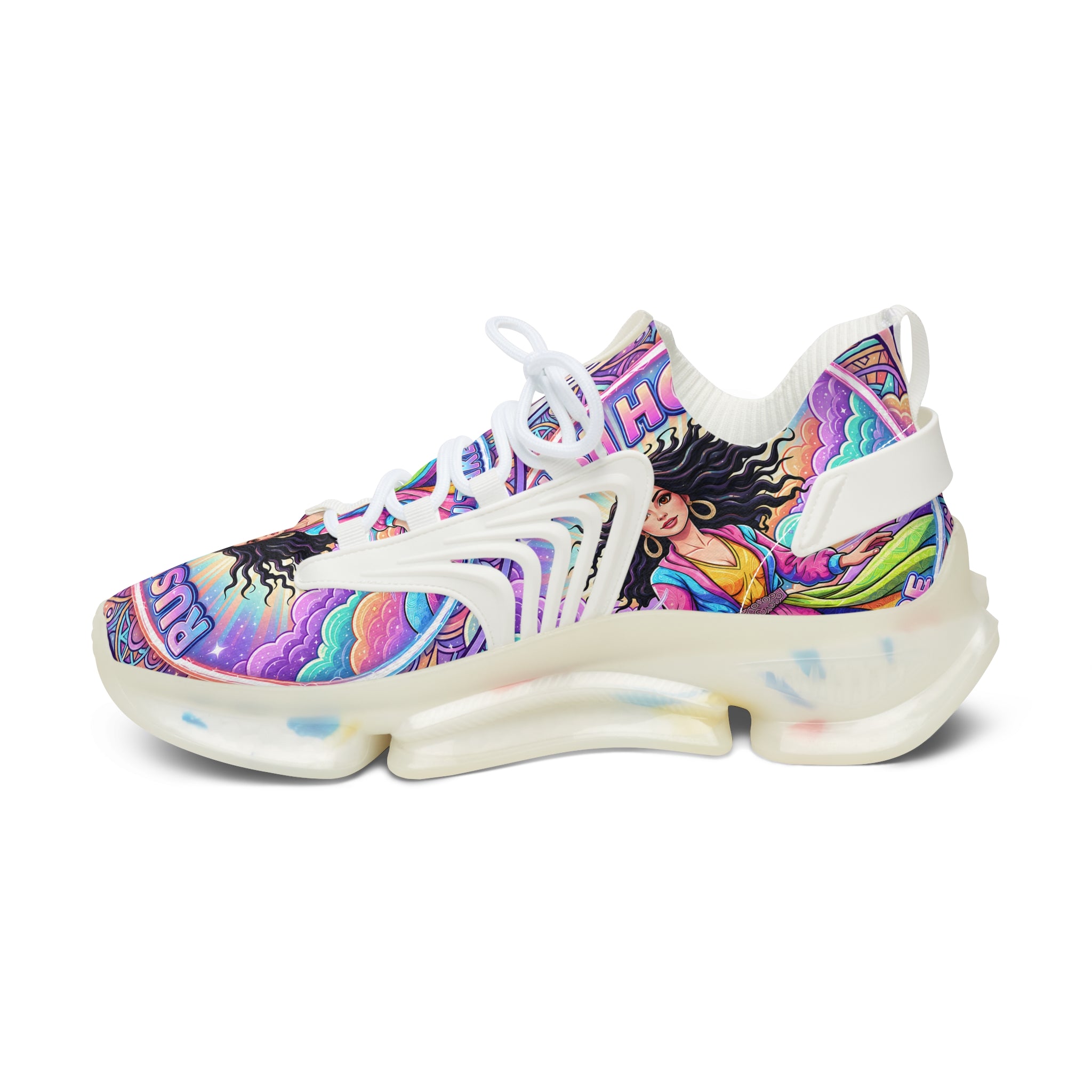 Mesh Sneakers — "Rush Hour "Vibrant Boho Goddess Graphic Women’s Athletic Shoes