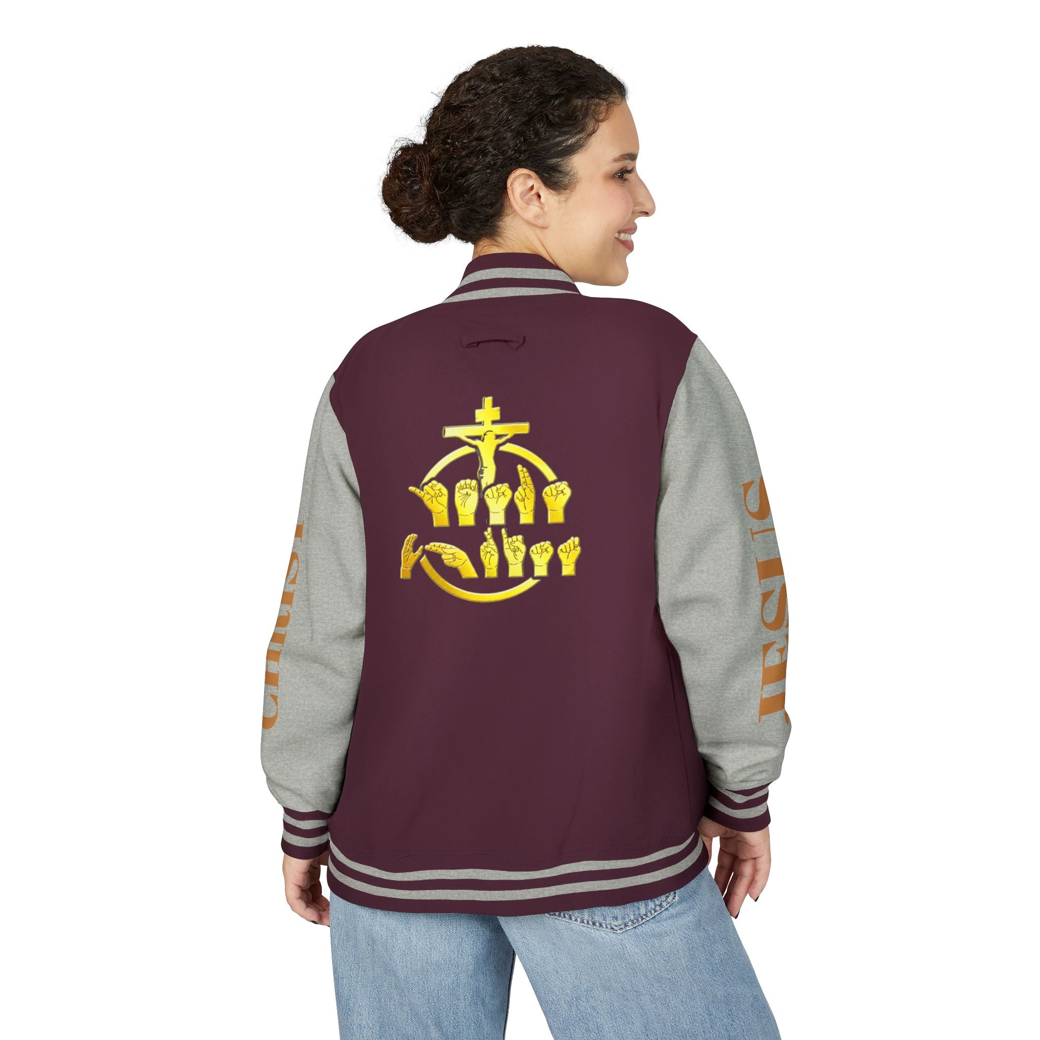 "Sign language Jesus Christ "     Christian Crown Letterman Jacket - 'Jesus Christ' Sleeve Varsity Jacket