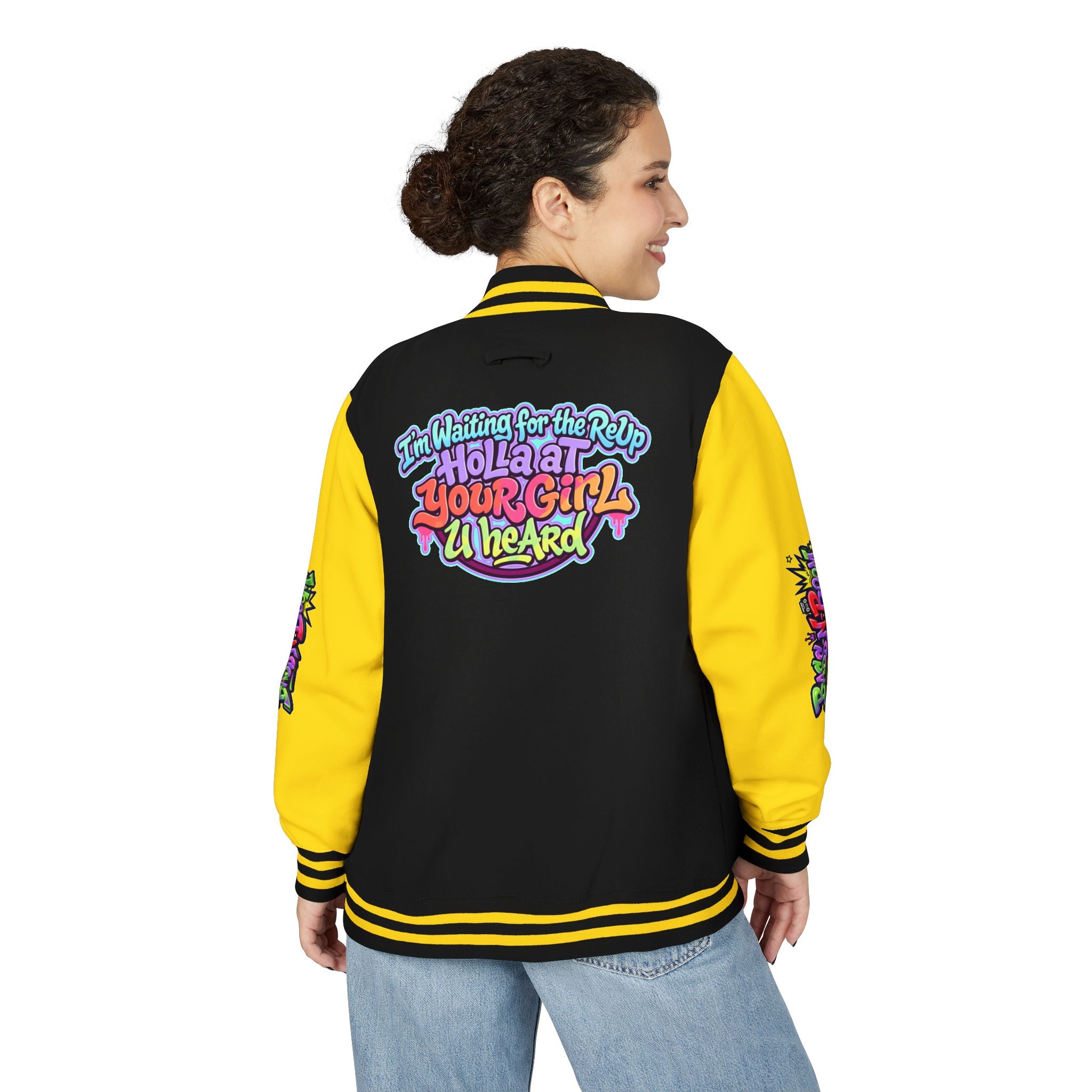 Letterman Jacket — "I'm Waiting For The Reup" Colorful Retro Hip‑Hop Varsity