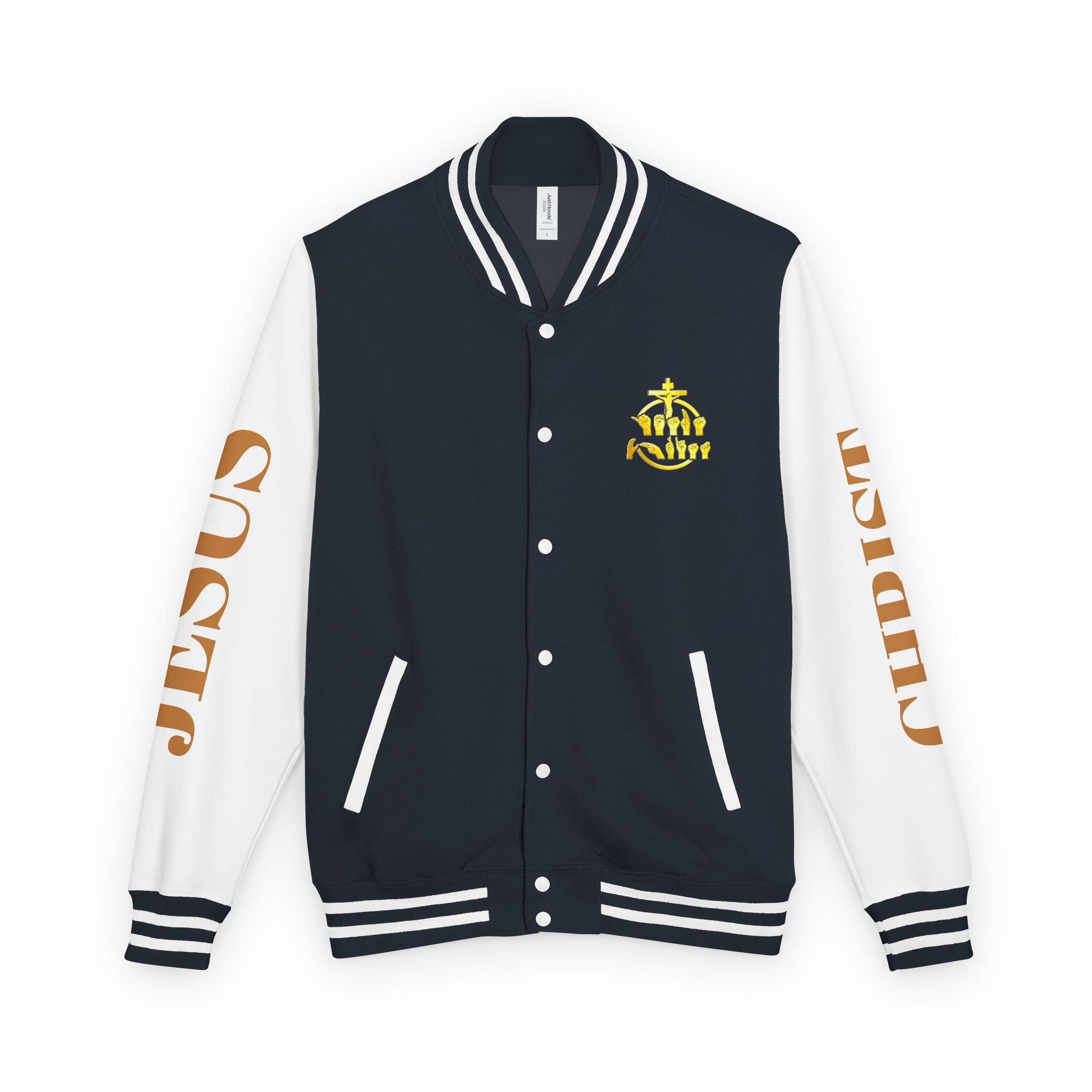 "Sign language Jesus Christ "     Christian Crown Letterman Jacket - 'Jesus Christ' Sleeve Varsity Jacket