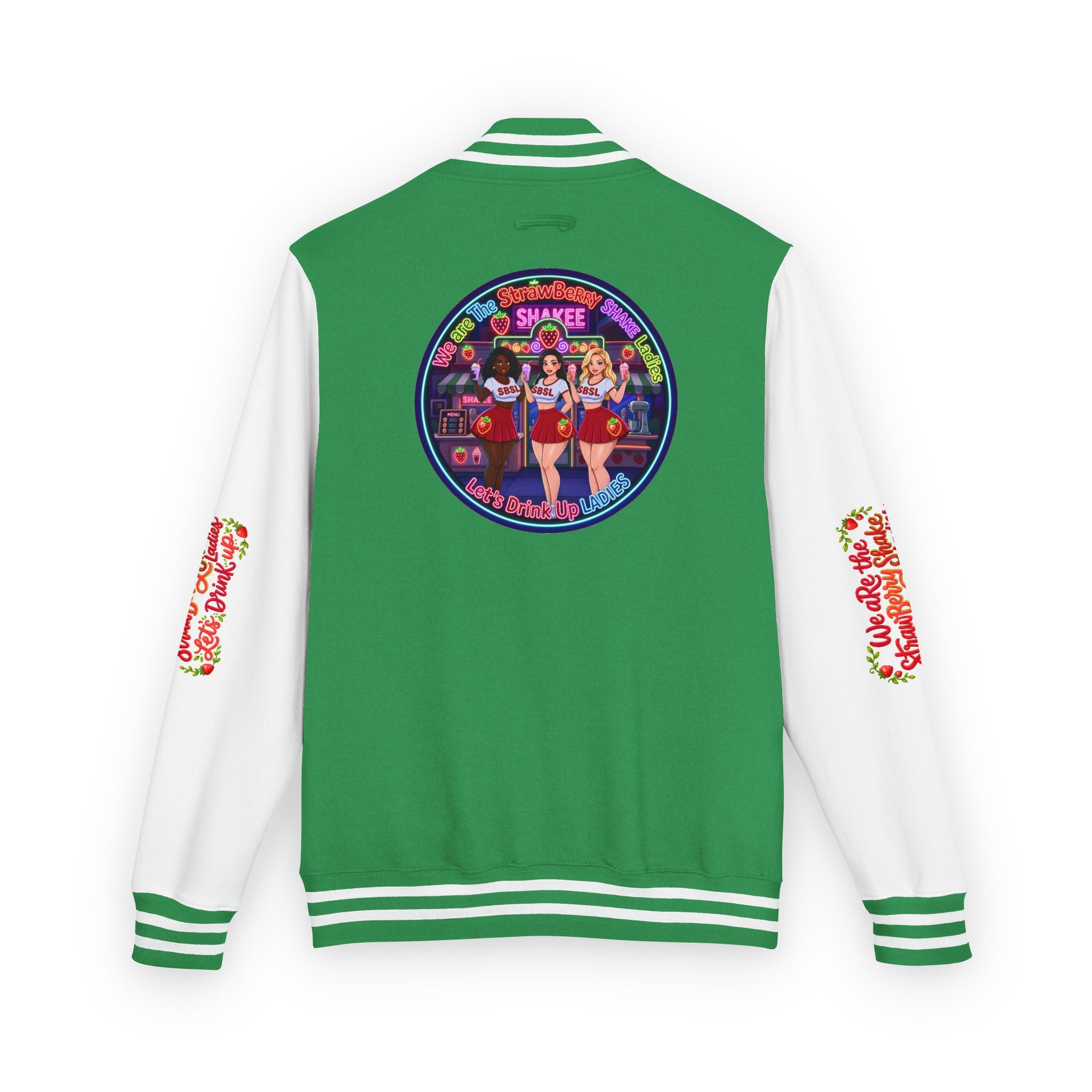 Letterman Jacket —" We Are The Strawberry Shake Ladies " Retro Shakee Cheer Graphic