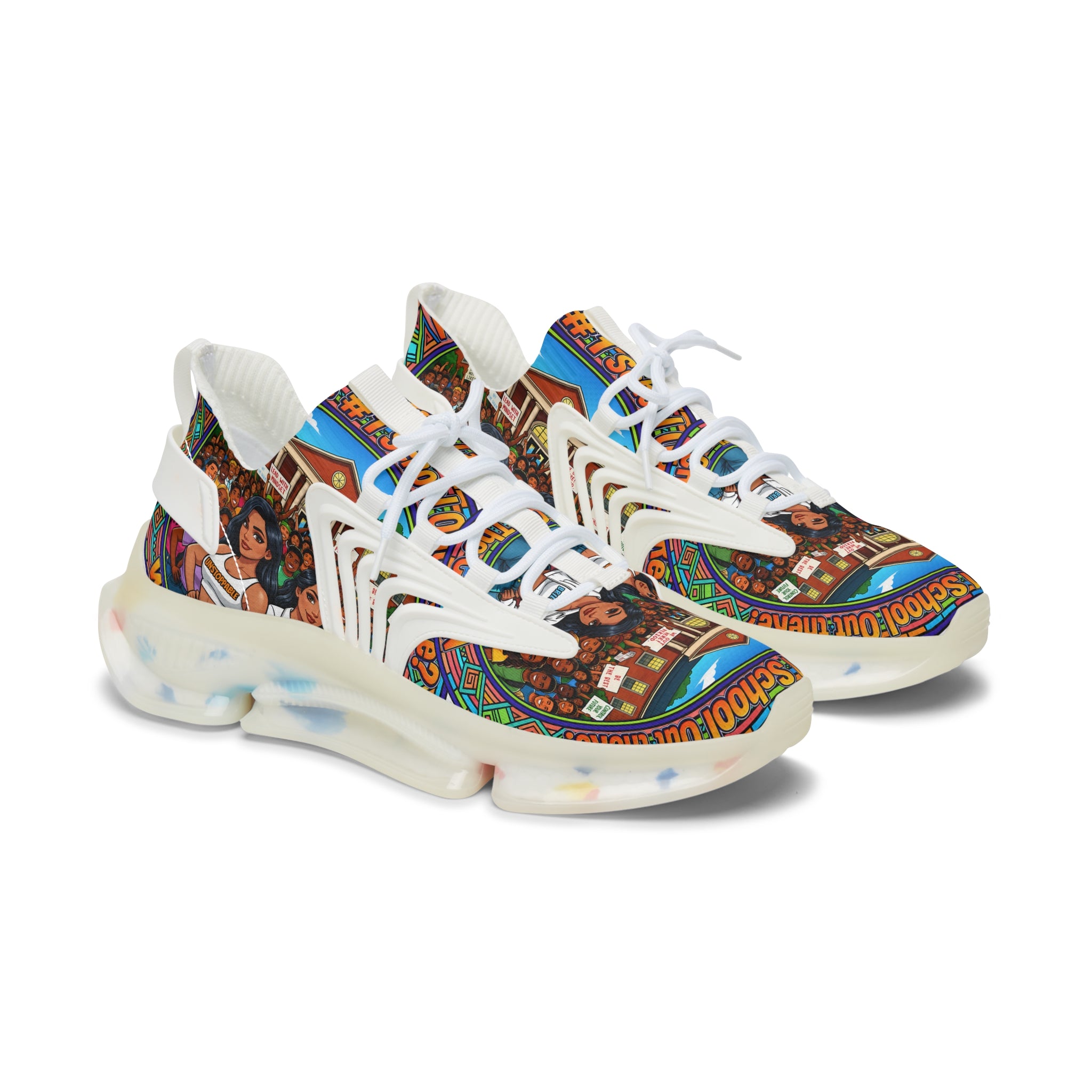 Mesh Sneakers — " What's The #1 School Out There " Colorful Retro School Girl Graphic Athletic Shoes