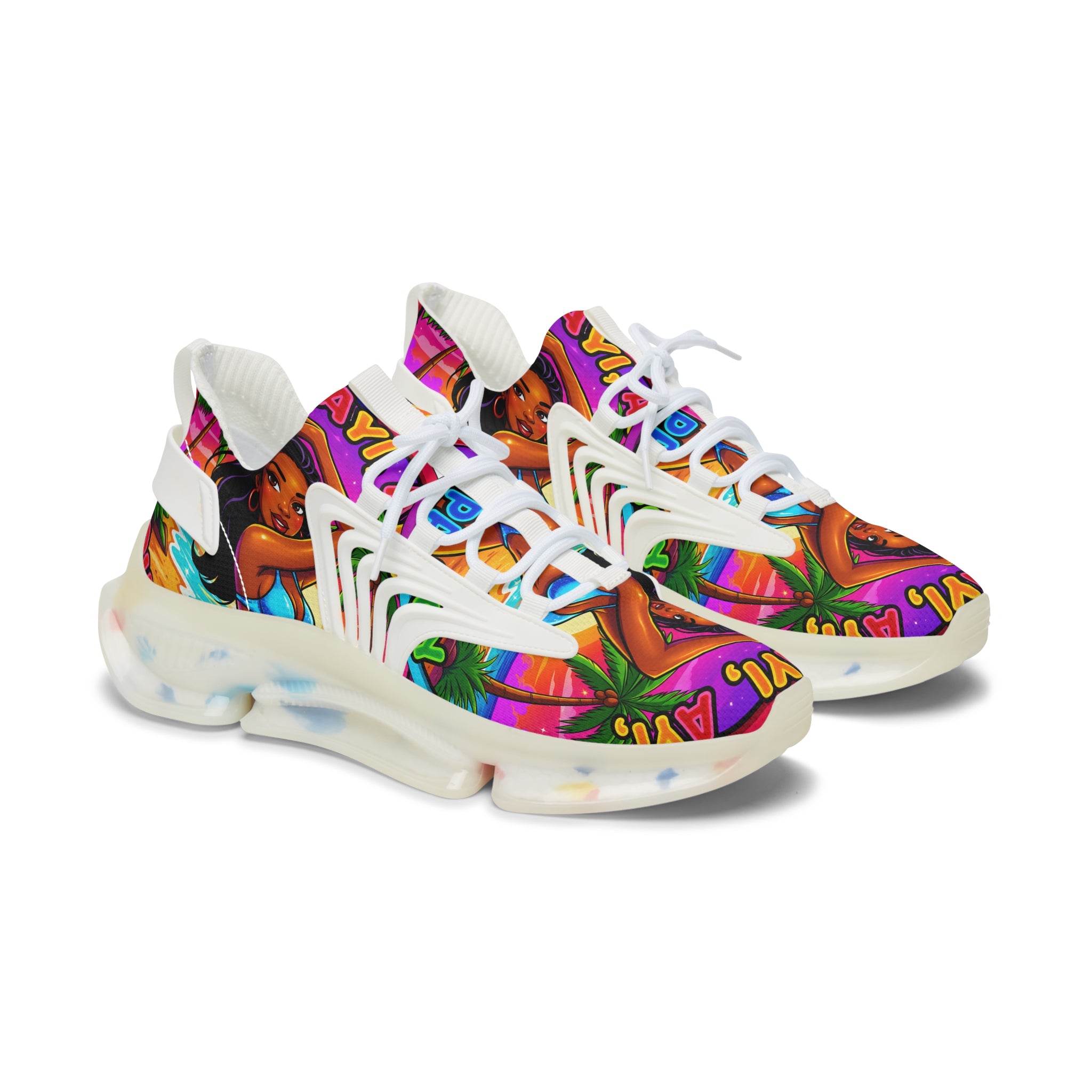 Women’s Mesh Sneakers — Vibrant Tropical ‘Ayi Ayi Ayi!’ Graphic Design