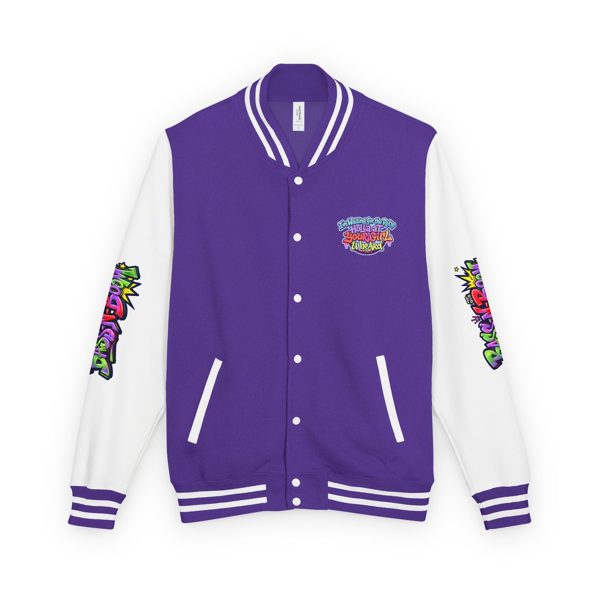 Letterman Jacket — "I'm Waiting For The Reup" Colorful Retro Hip‑Hop Varsity