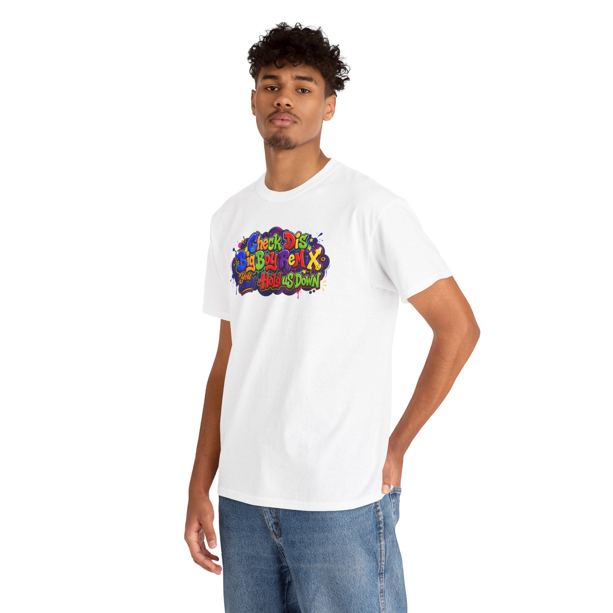 Graphic Tee — Colorful 'Check Dis Big Boy Remix' Retro Street Art T-Shirt