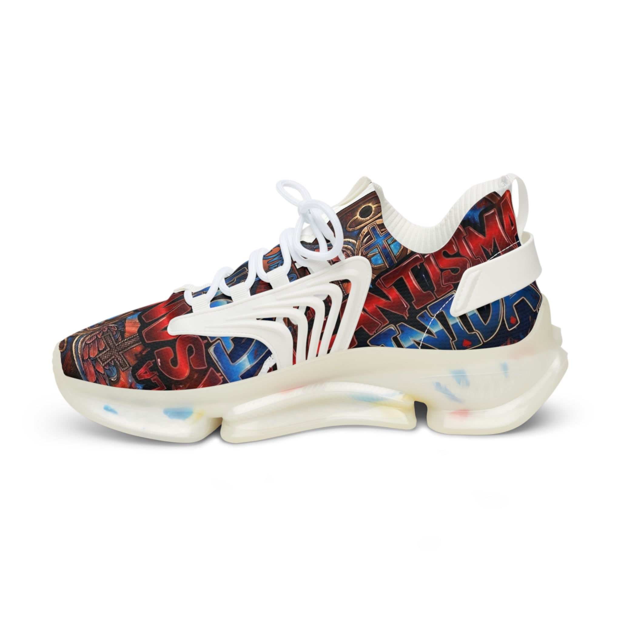 Men's Abstract Red Blue Athletic Sneakers — "La Santísima Tranidad"  Bold Pattern Mesh Running Shoes