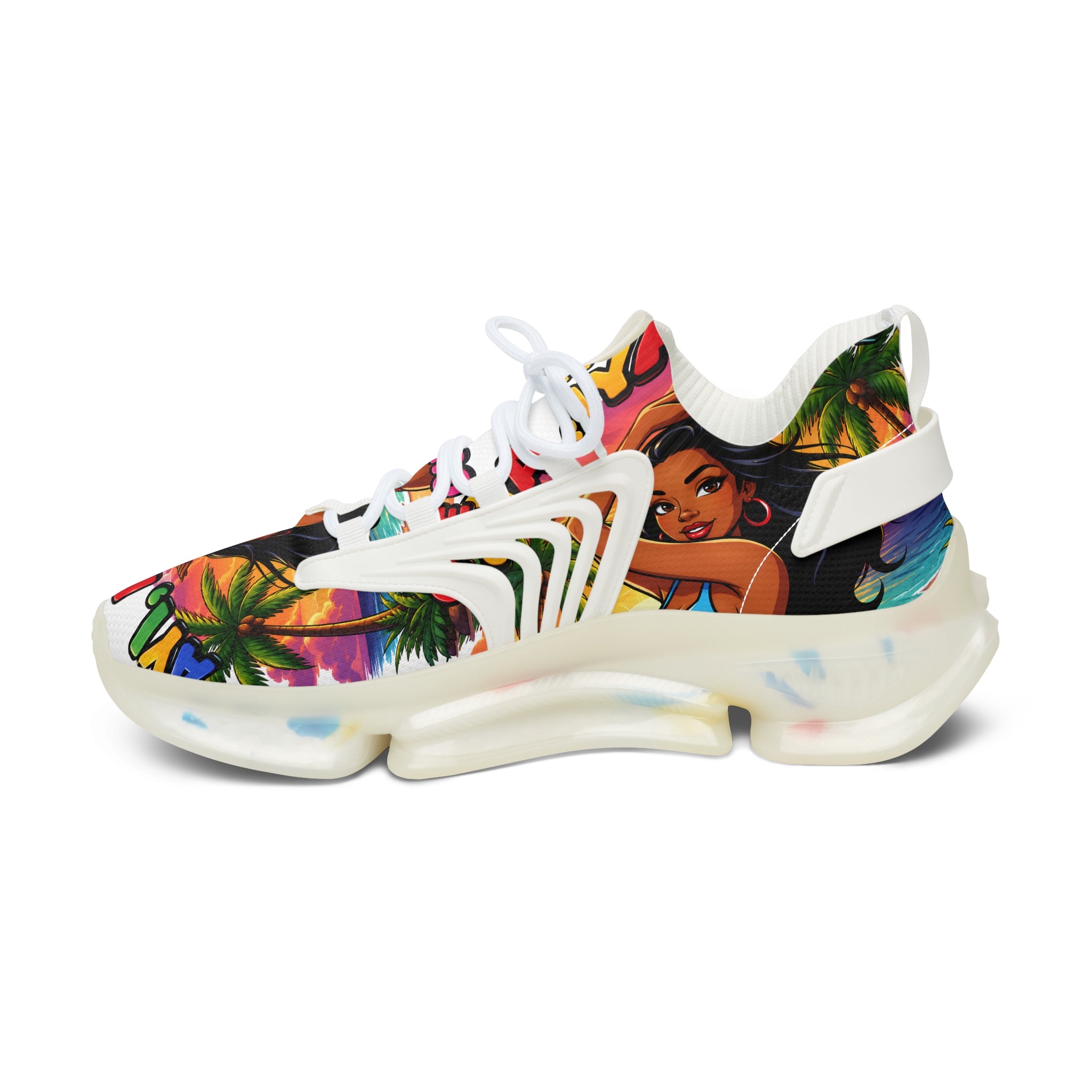 Tropical Vibe Women's Mesh Sneakers — "Ayi  Ayi Ayi Que Guapa Soy "Colorful Hawaiian Pin-Up Design