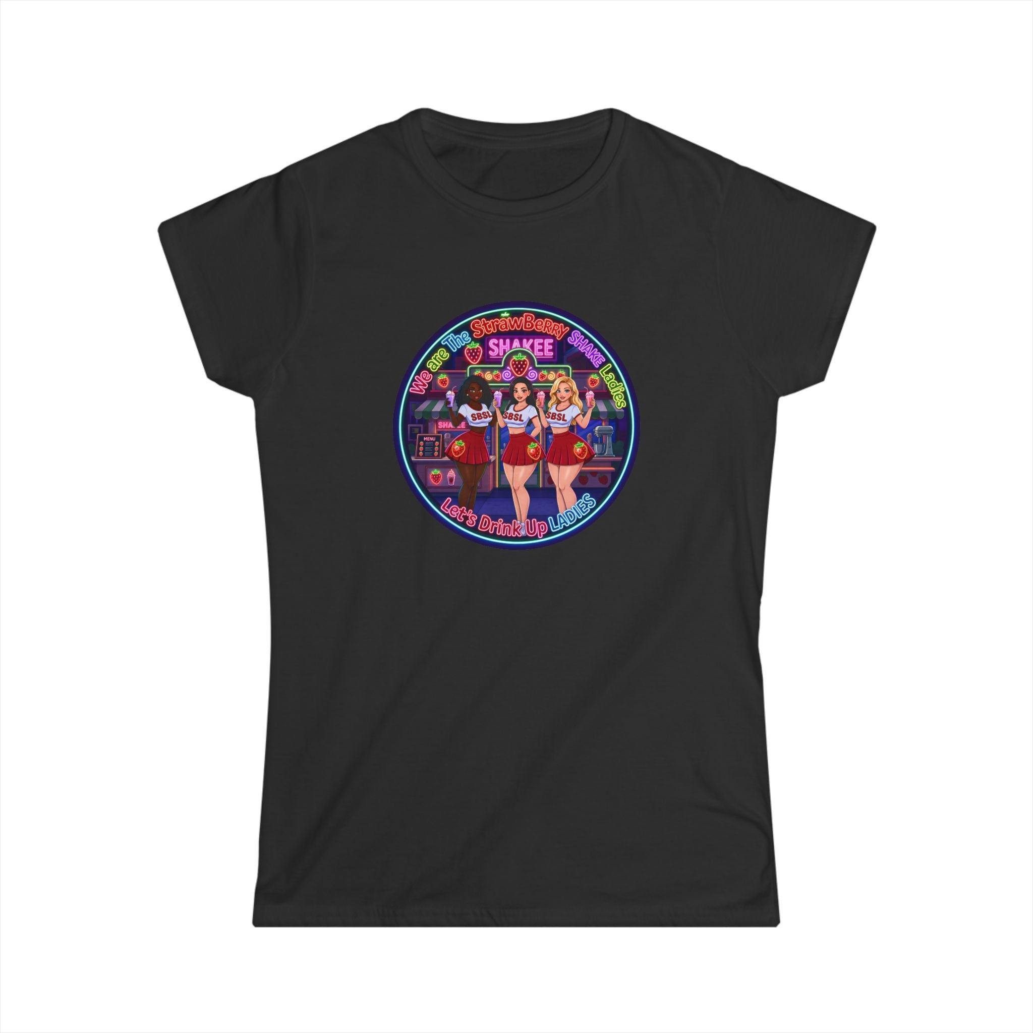 Women's Tee — Retro Pinup 'We Are The Strawberry Shake Ladies"' Band Graphic Tee