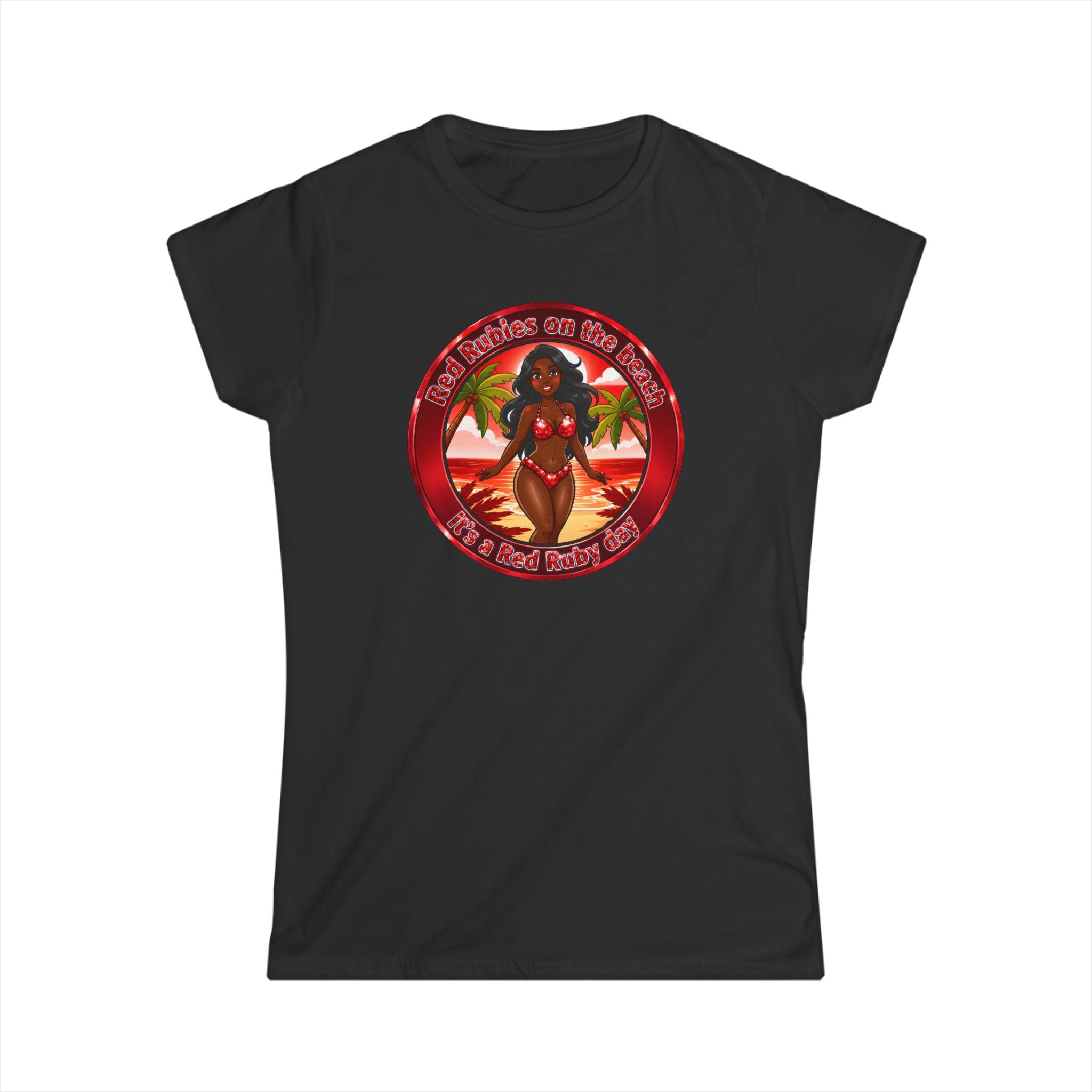 Tropical Pinup Tee — "Red Rubies On The Beach" Vintage Bikini Graphic