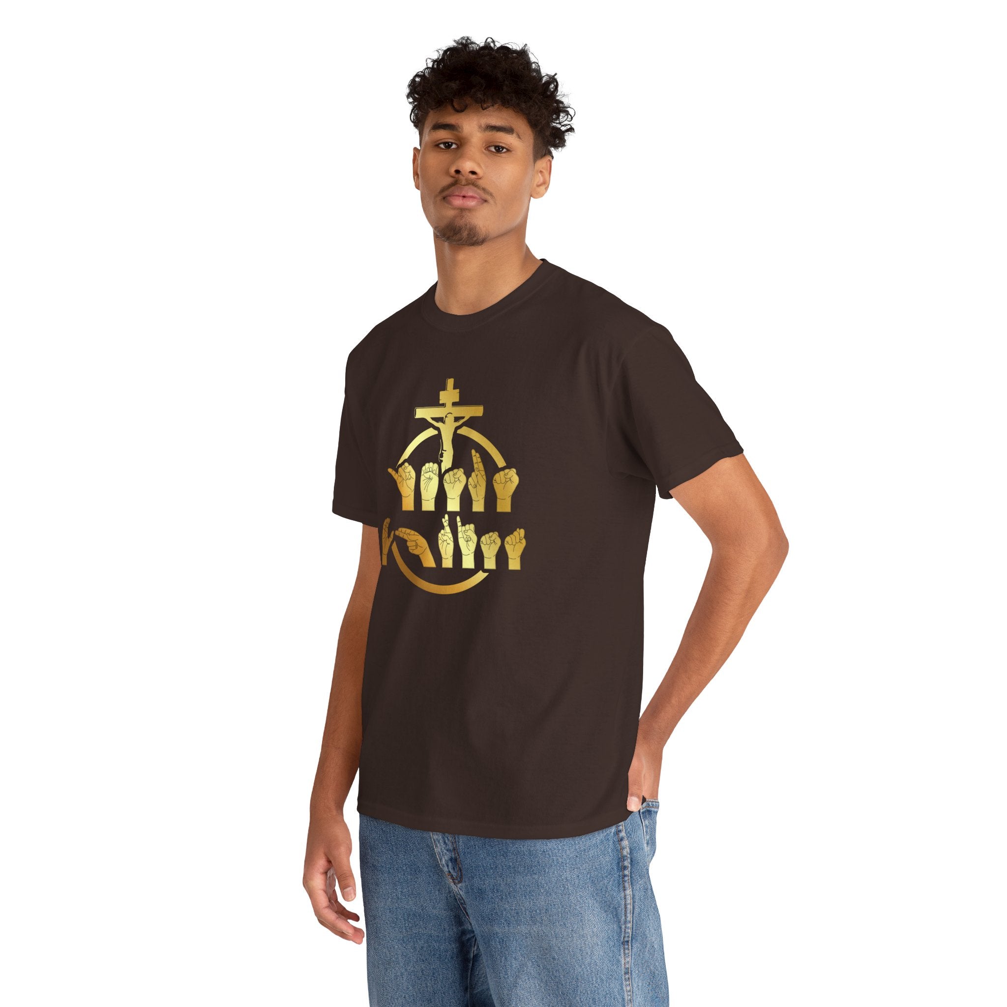 Christian Cross & Praying Hands T-Shirt — Gold Faith Design