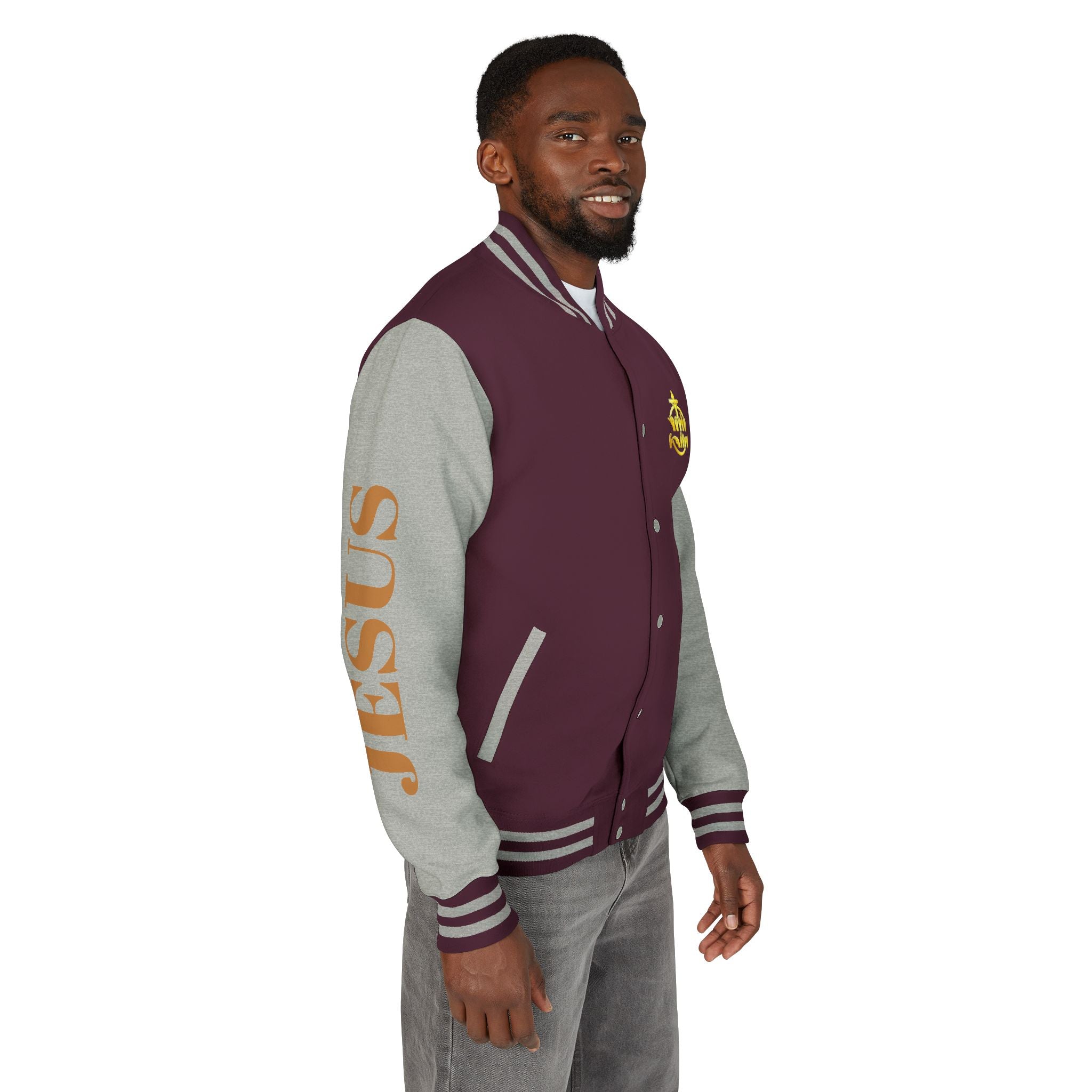 "Sign language Jesus Christ "     Christian Crown Letterman Jacket - 'Jesus Christ' Sleeve Varsity Jacket