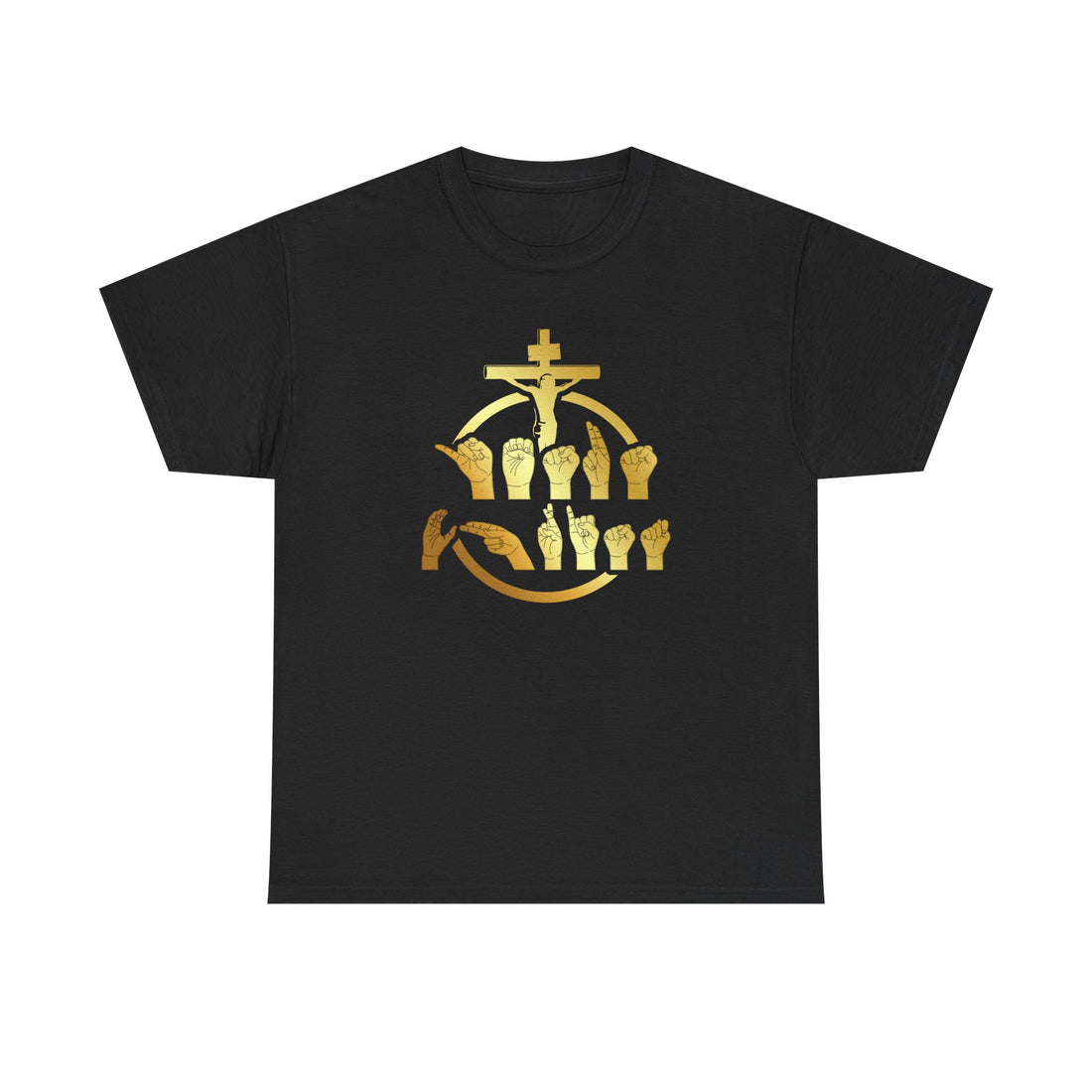 Christian Cross & Praying Hands T-Shirt — Gold Faith Design