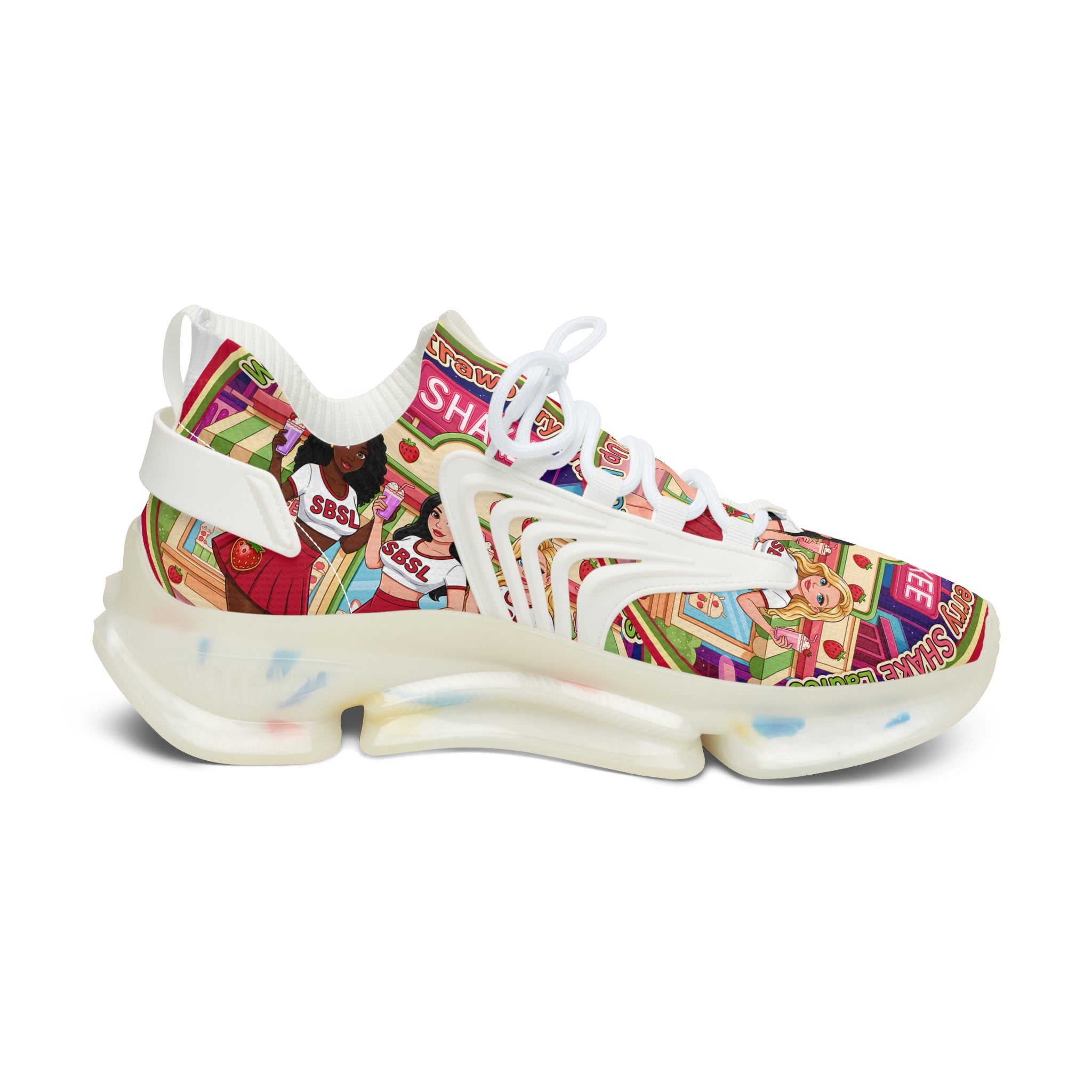 Women's Mesh Sneakers  "Strawberry Shake "— Colorful Retro Doll Print Athletic Shoes