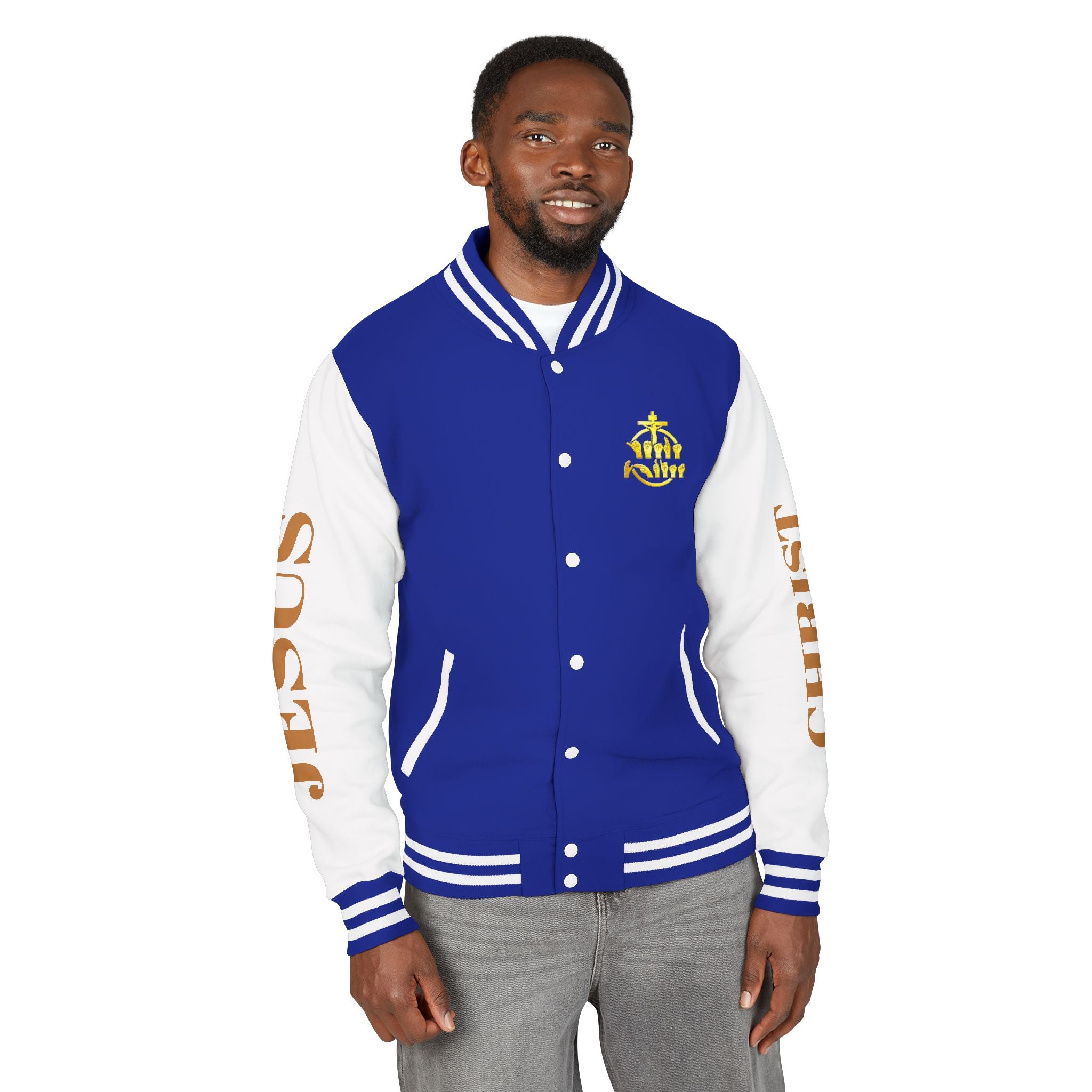 "Sign language Jesus Christ "     Christian Crown Letterman Jacket - 'Jesus Christ' Sleeve Varsity Jacket
