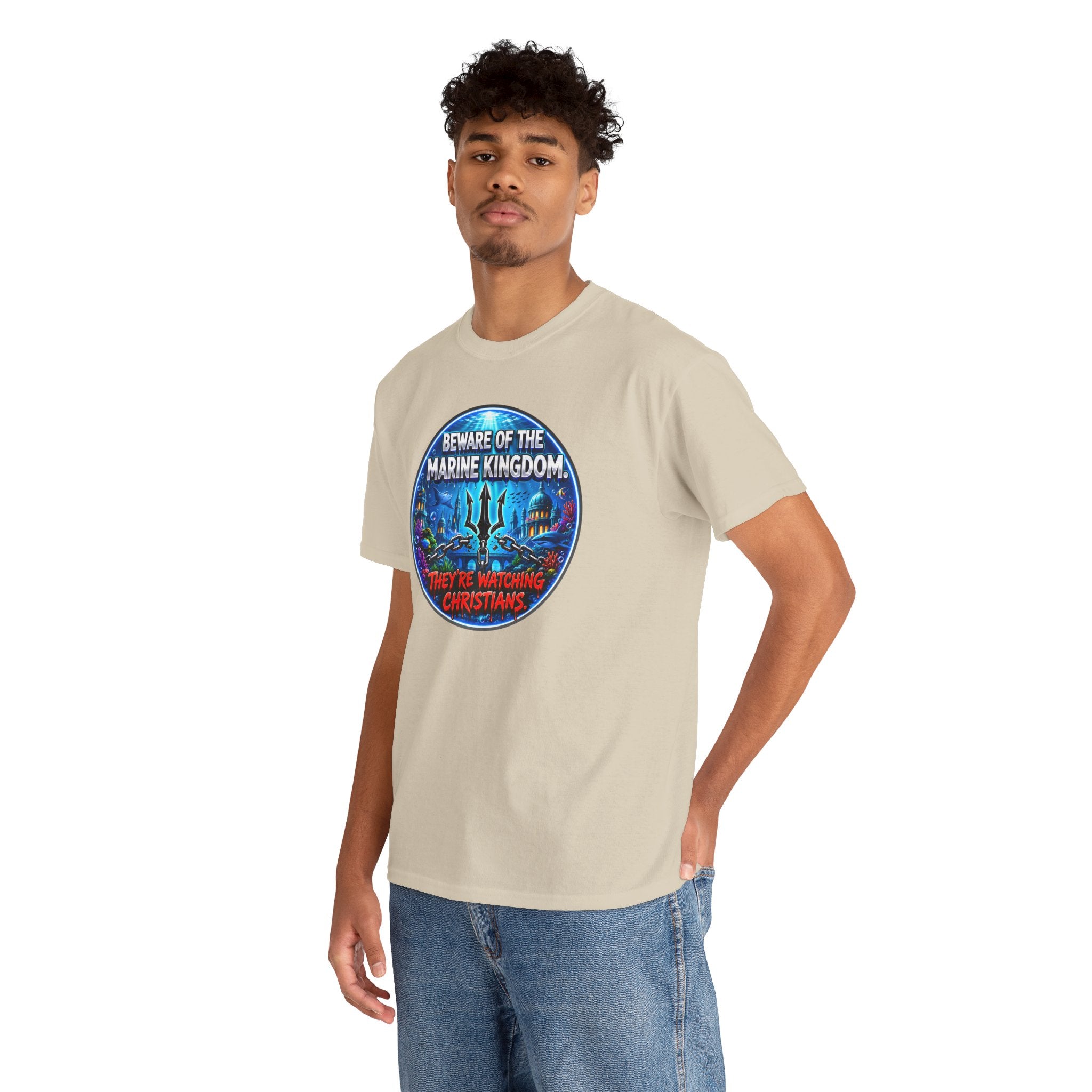 T‑Shirt — "Beware of the Marine Kingdom: They're Watching Christians" Vintage Ocean Graphic