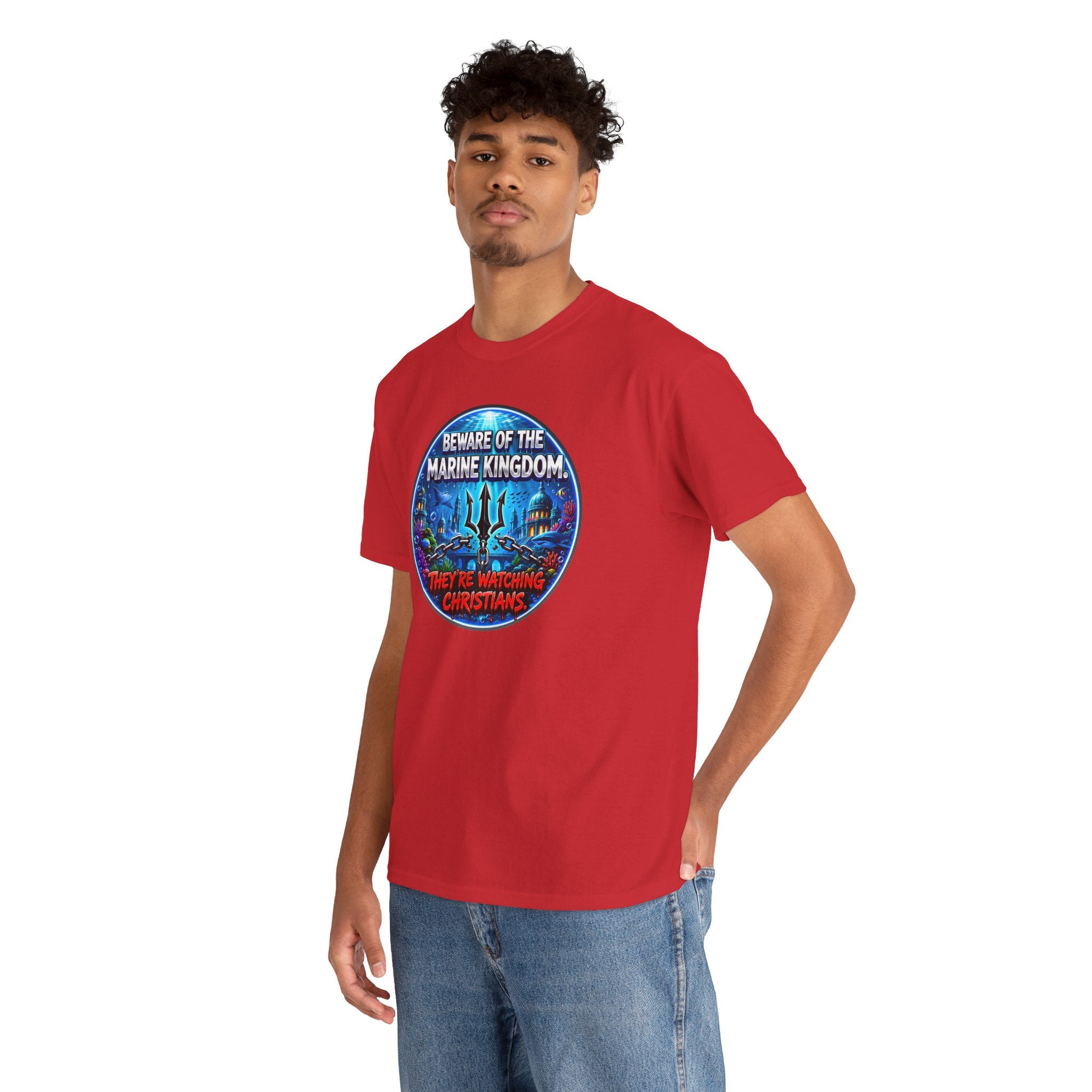T‑Shirt — "Beware of the Marine Kingdom: They're Watching Christians" Vintage Ocean Graphic