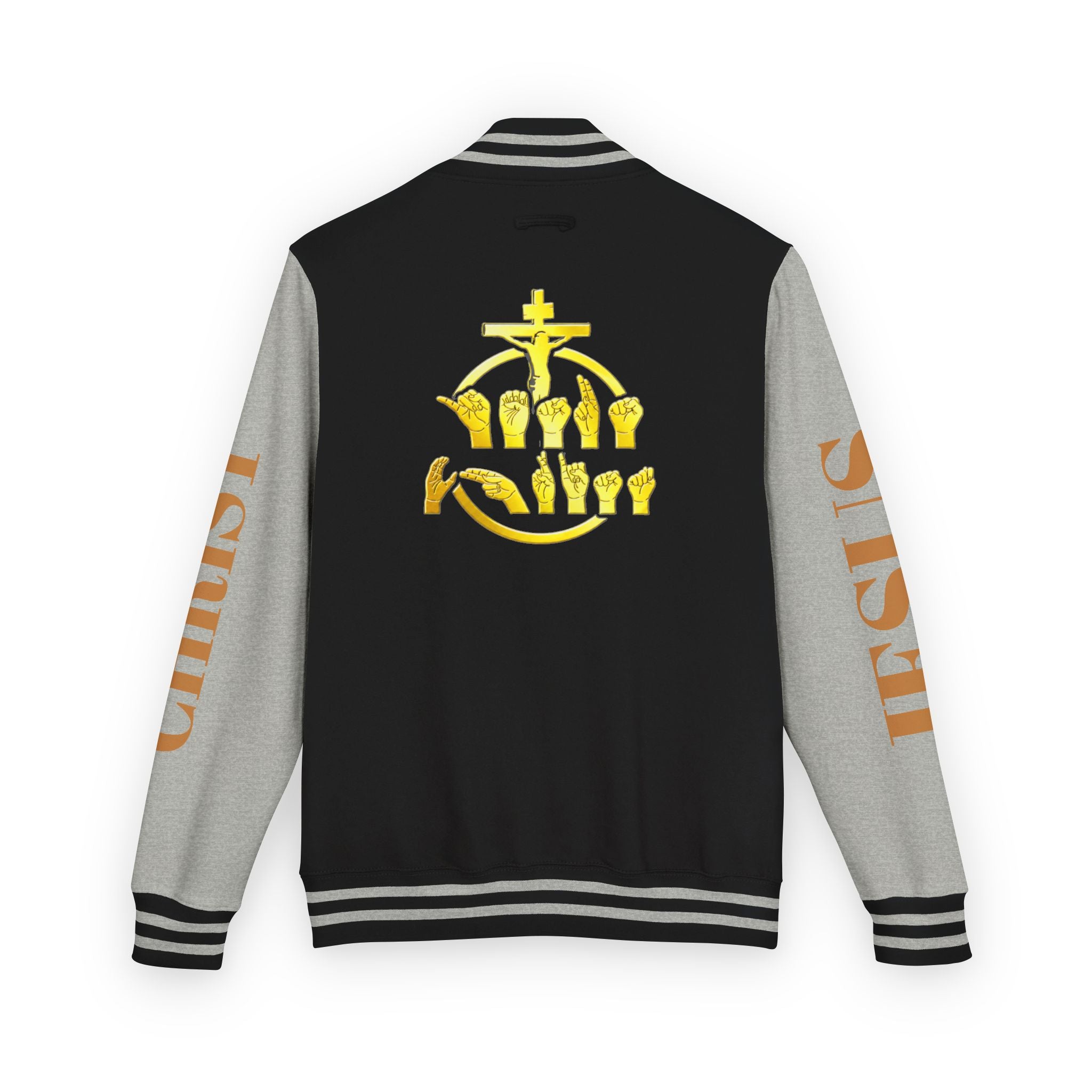 "Sign language Jesus Christ "     Christian Crown Letterman Jacket - 'Jesus Christ' Sleeve Varsity Jacket