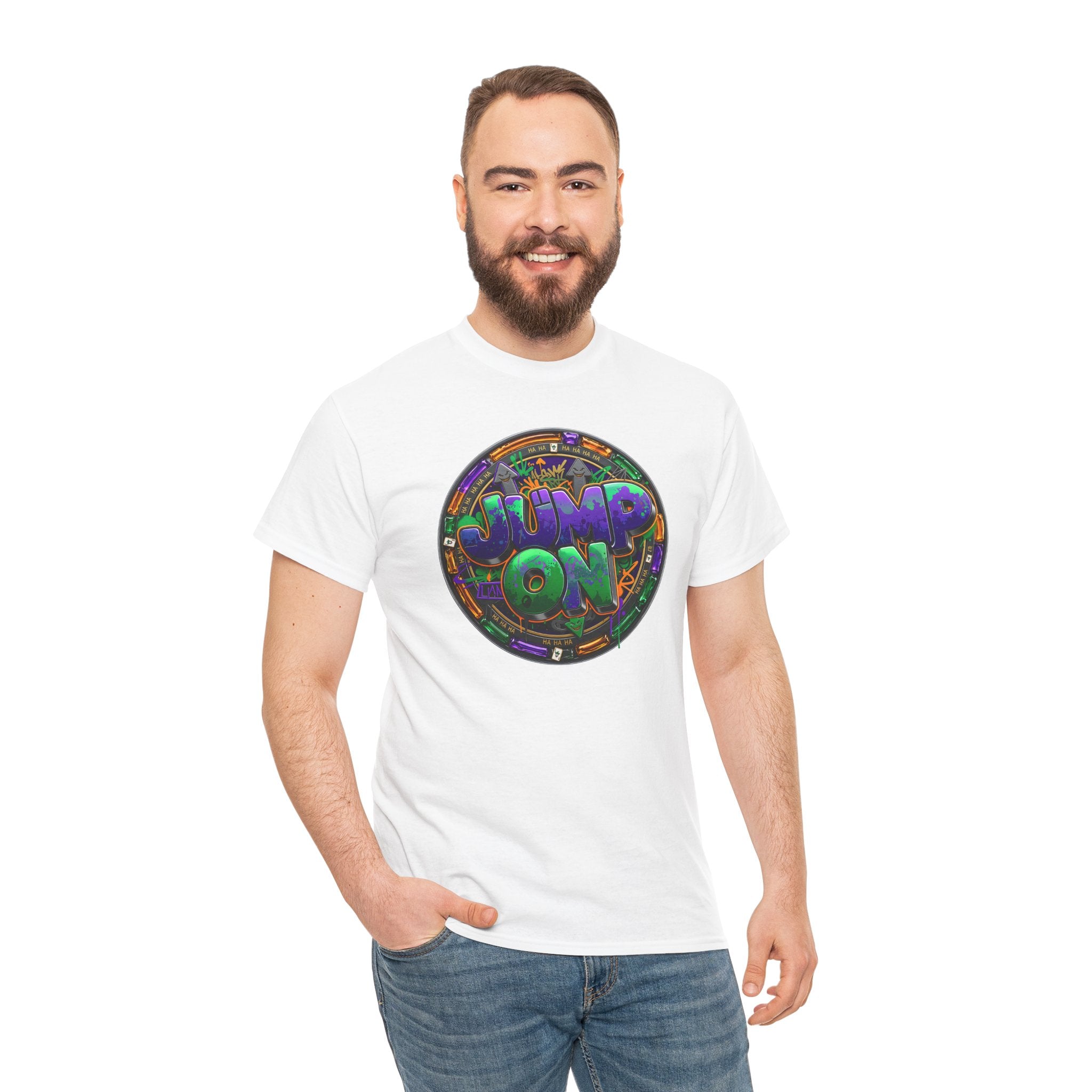 " Jump On" Circle Graphic Tee — Retro Neon Streetwear T-Shirt