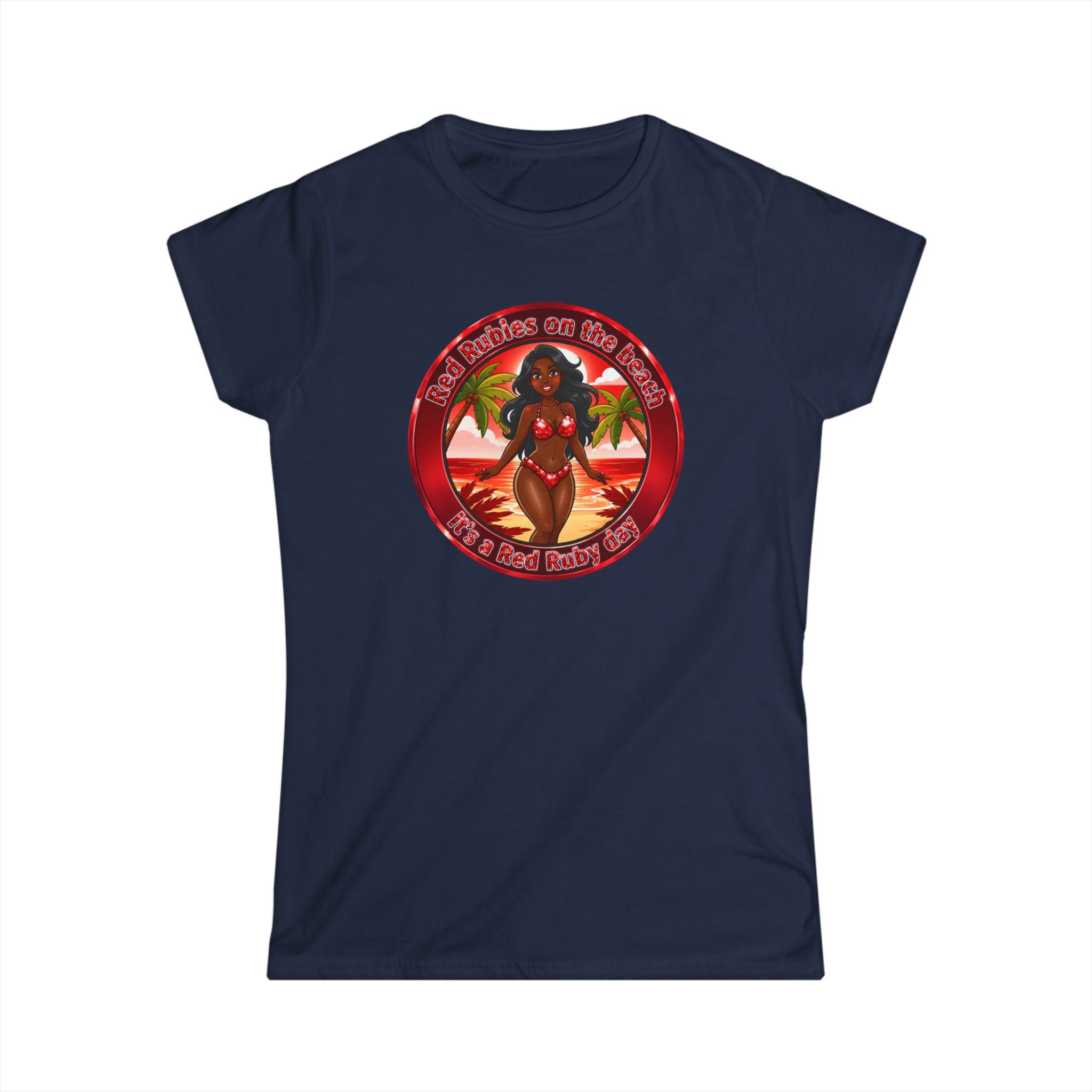 Tropical Pinup Tee — "Red Rubies On The Beach" Vintage Bikini Graphic