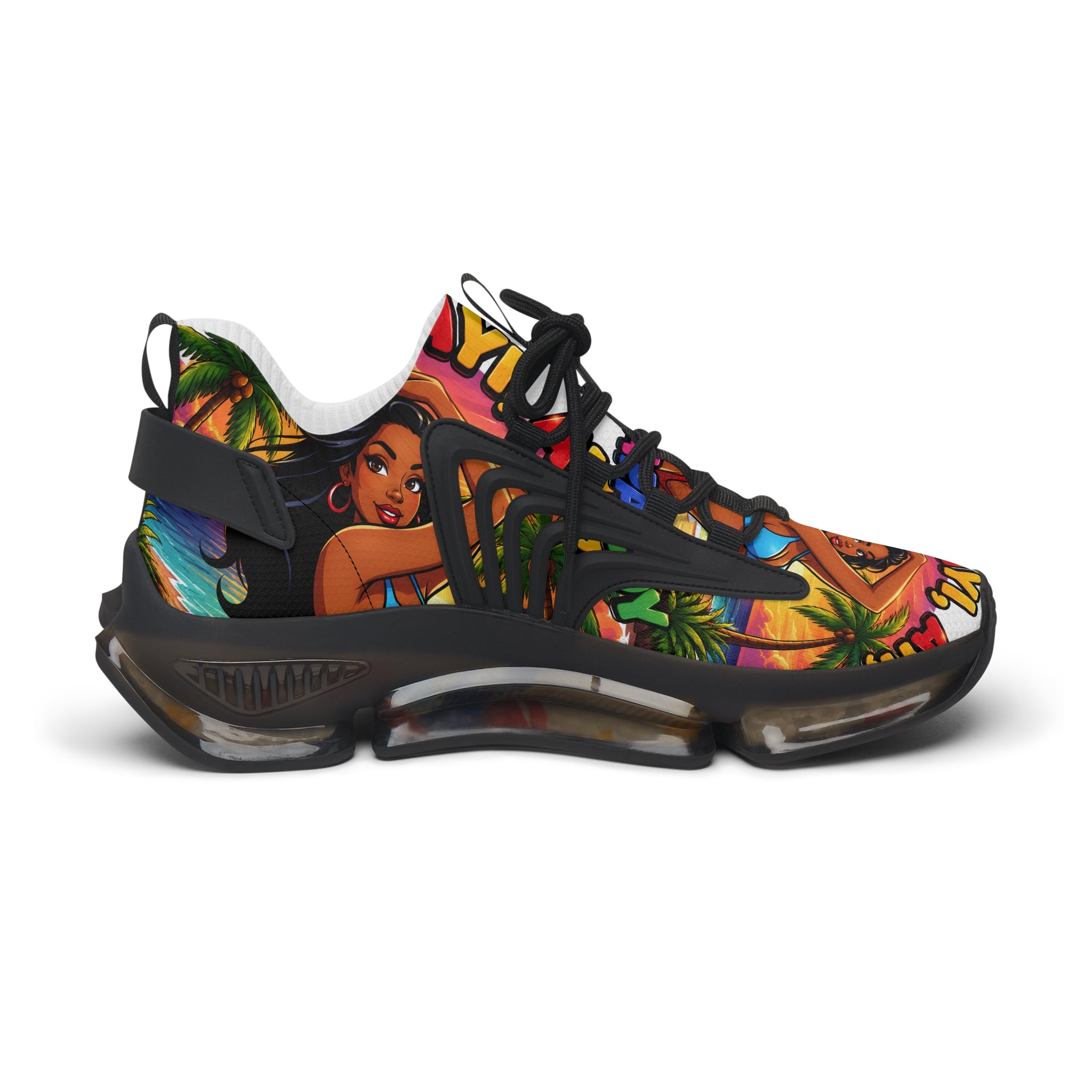 Tropical Vibe Women's Mesh Sneakers — "Ayi  Ayi Ayi Que Guapa Soy "Colorful Hawaiian Pin-Up Design