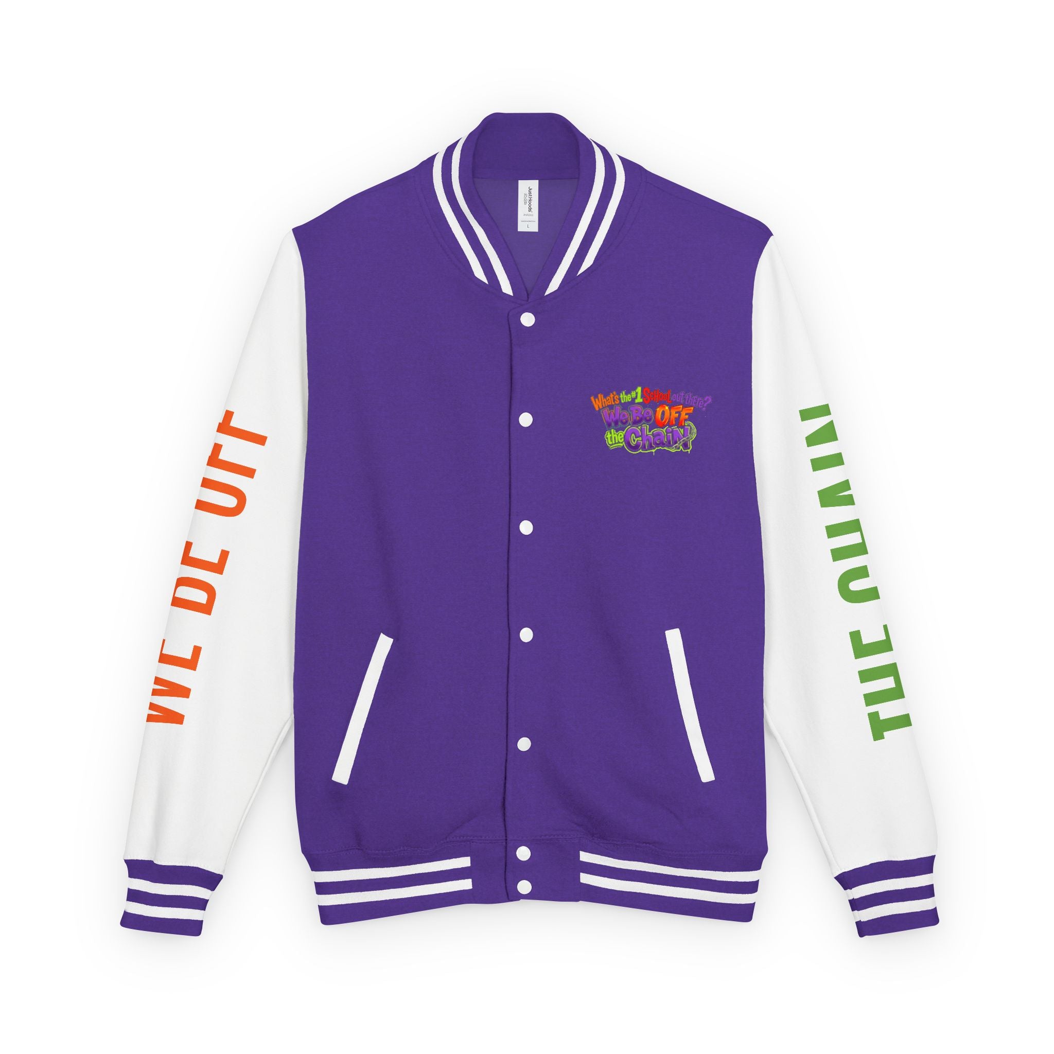 Retro Colorblock Letterman Jacket — 'We Be Off The Chain' Sleeve Print