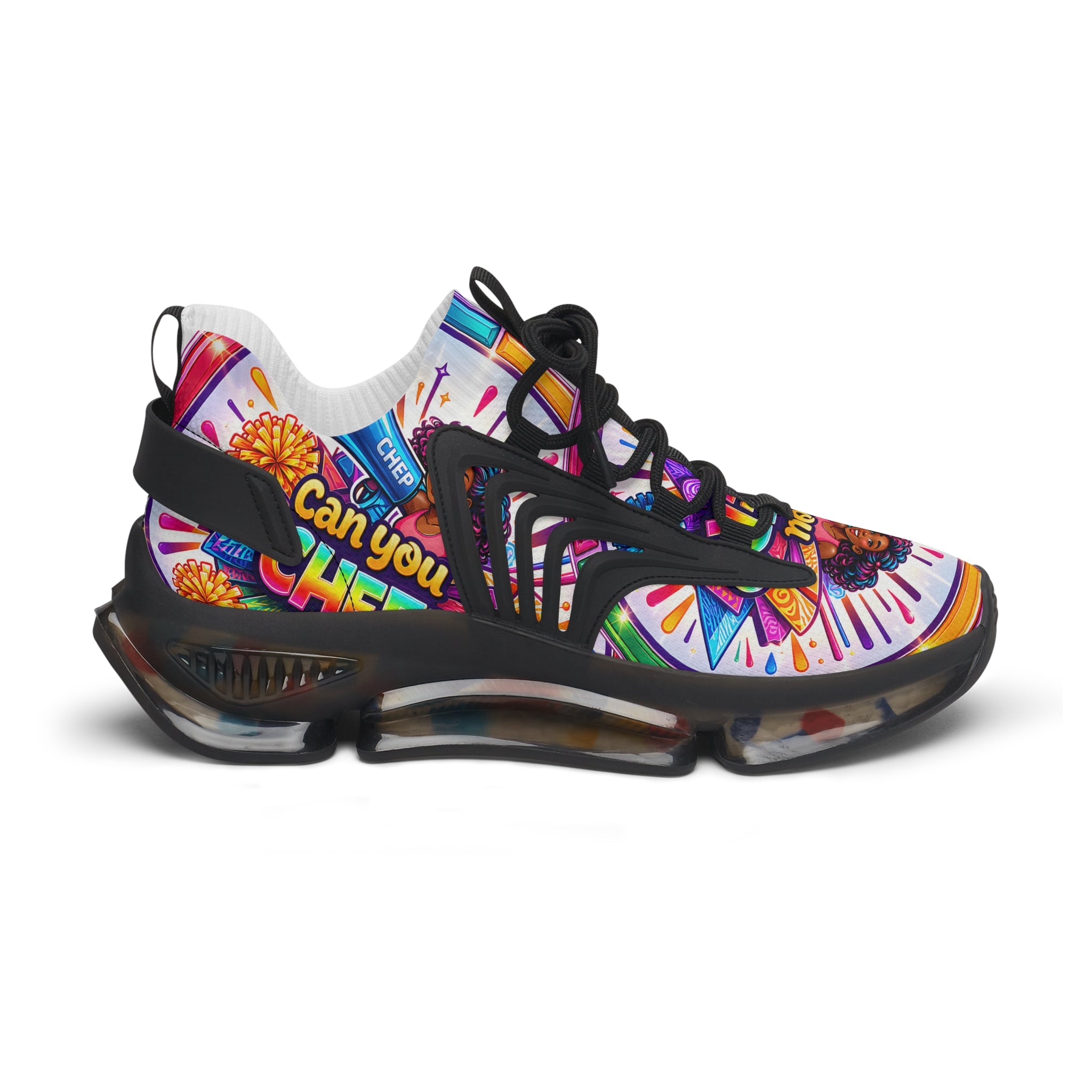 Women's Cheerleader Graphic Mesh Sneakers — "Can You Cheer?" Colorful Athletic Shoes