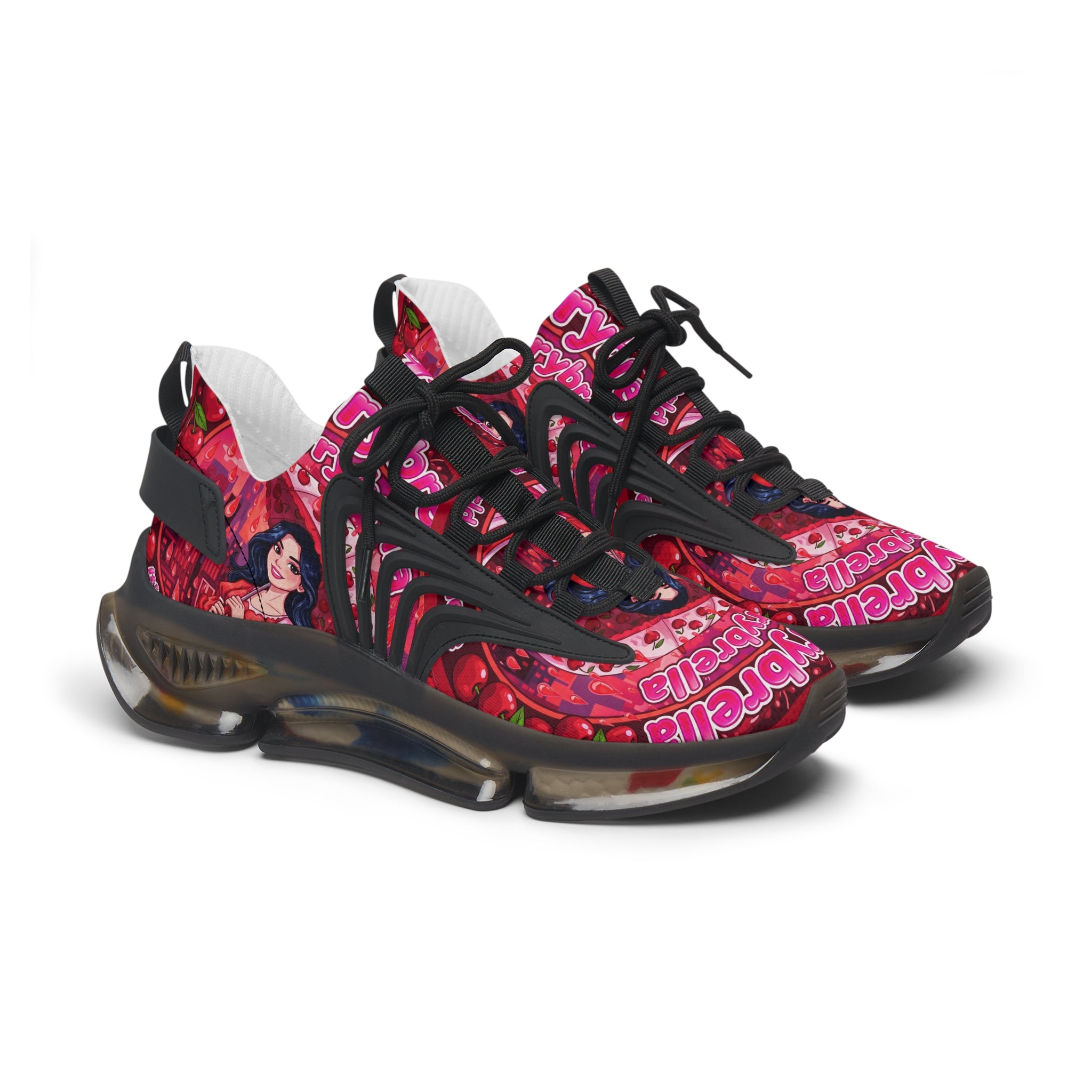 Women's Pink Retro Graphic Mesh Sneakers — 'CherryBella" Pattern